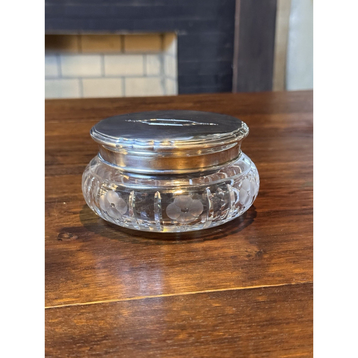 Art Deco Antique Crystal Jewelry Box Sterling Silver Lid Vanity 5.5”