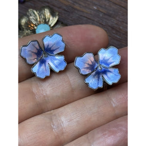 Vintage David Andersen Sterling Silver Blue Lavender Enamel Pansy Clip Earrings