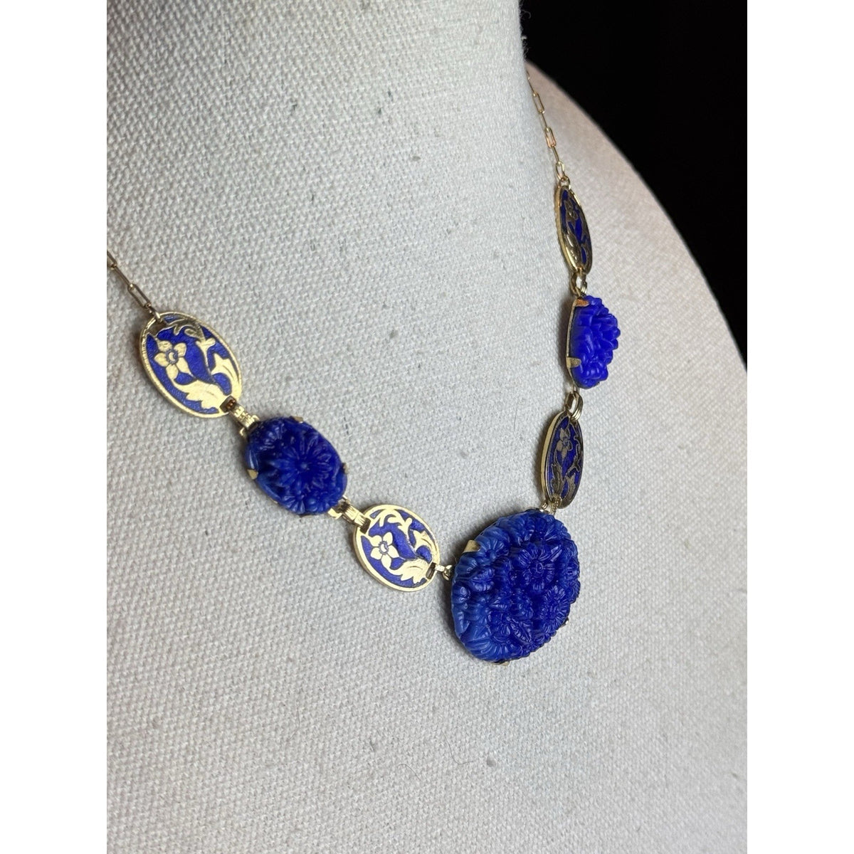 Vintage Czech Necklace Blue Pressed Glass Floral Enamel Goldtone Art Deco 16”