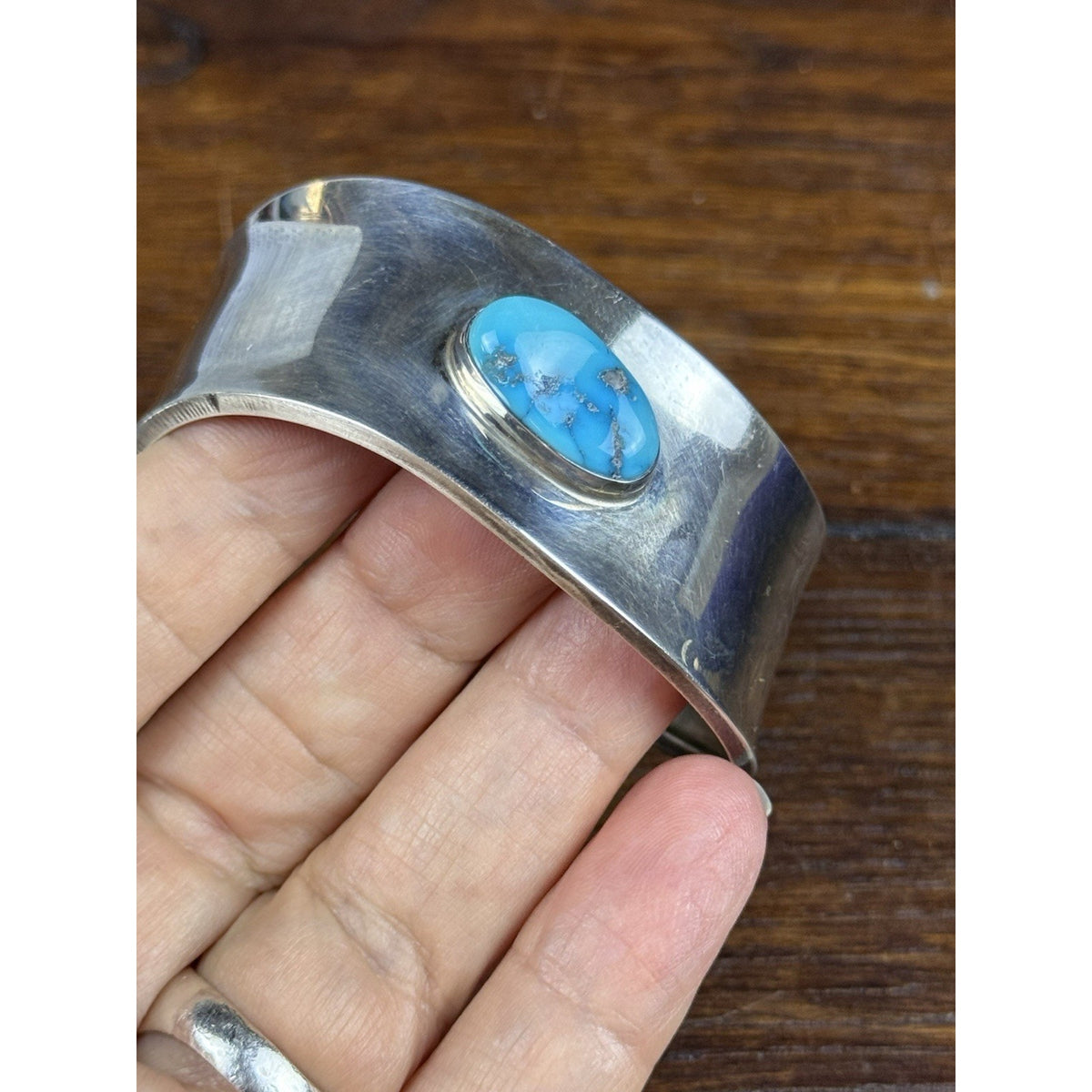 Sterling Silver Cuff Bracelet Blue Stone Wide Modernist Style 6.75” Wrist Size