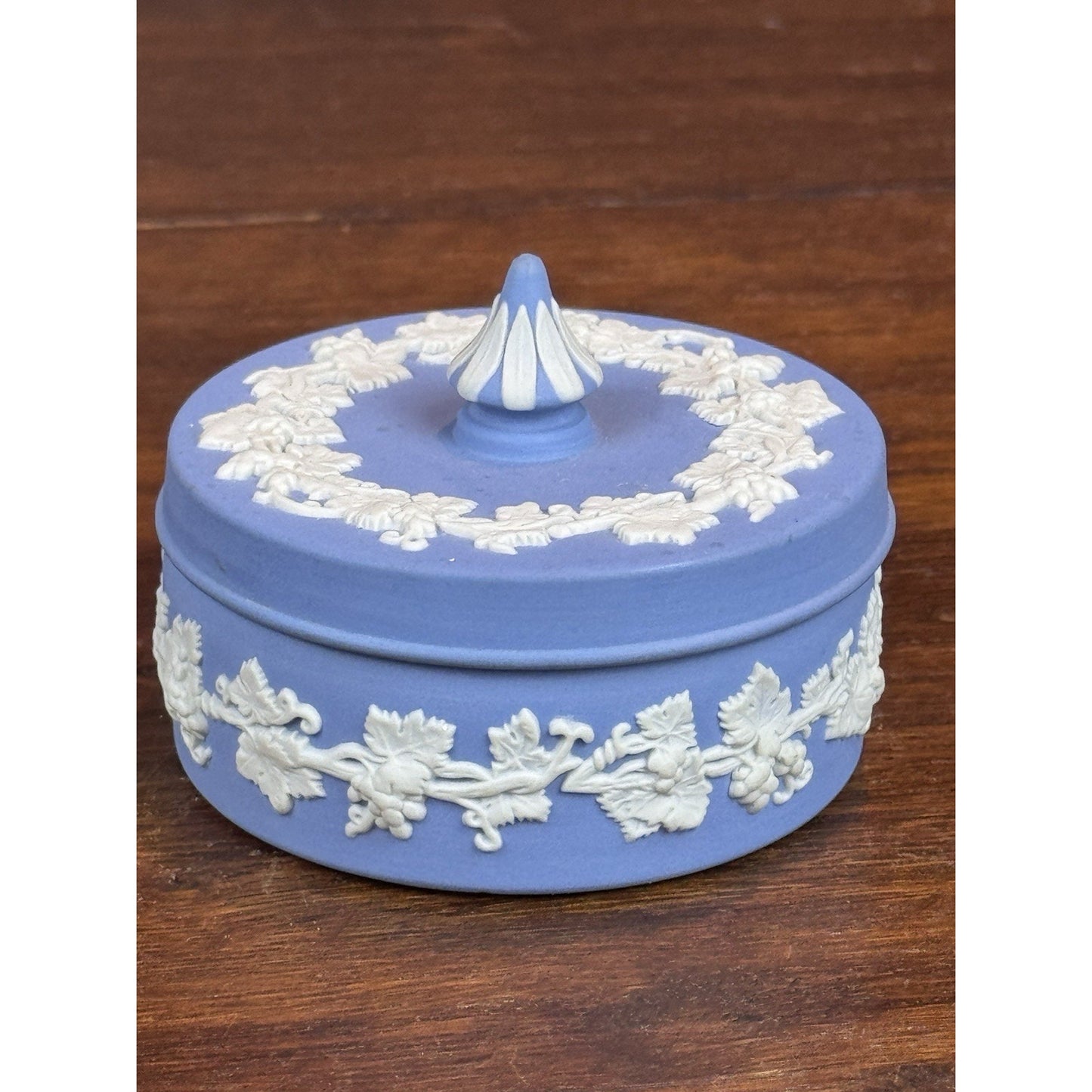 Vintage Wedgwood Jasperware Blue Lidded Trinket Box Grape Vine 3”