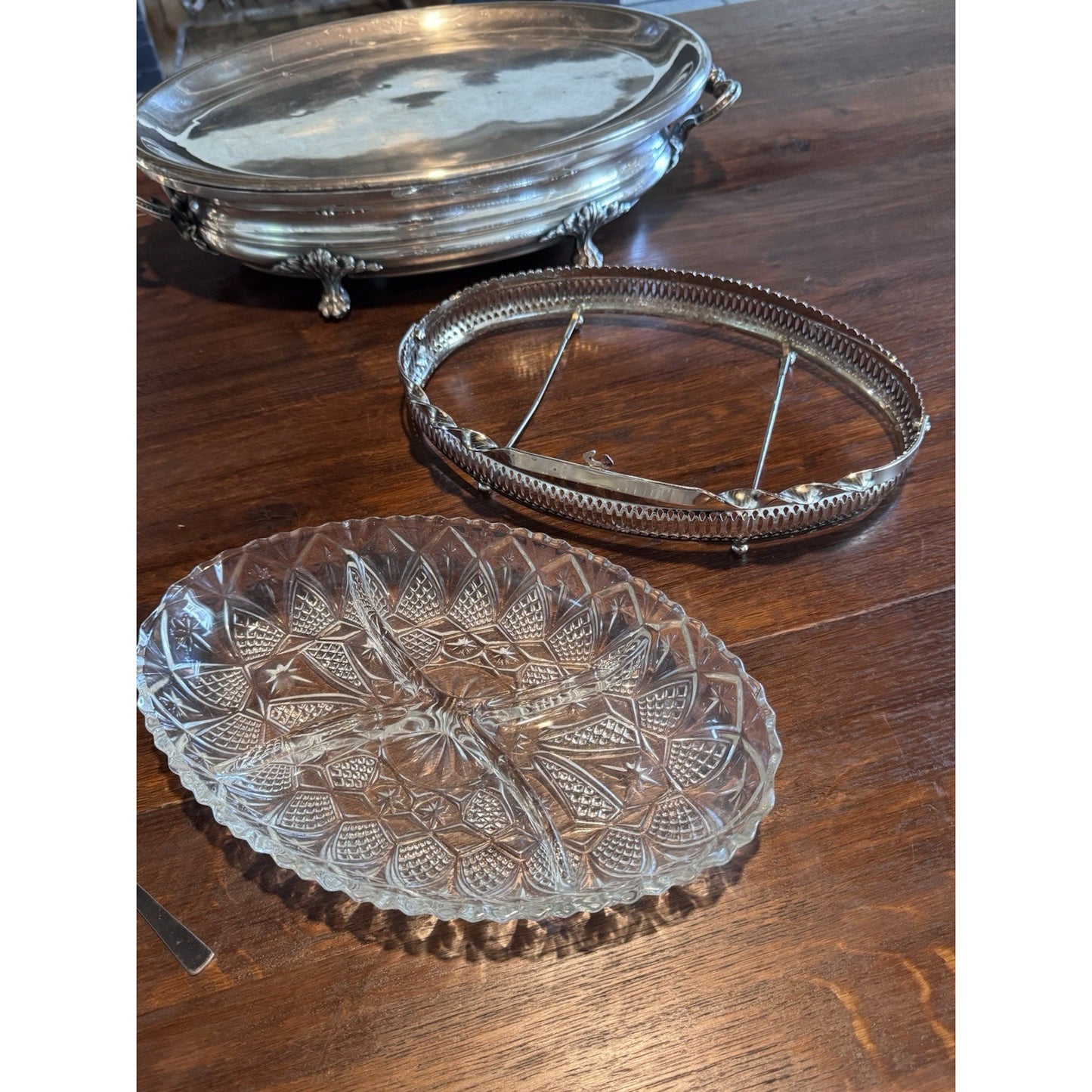 Vintage Silverplate Relish Tray Cut Glass Divided Dish Pickle Castor w Forks
