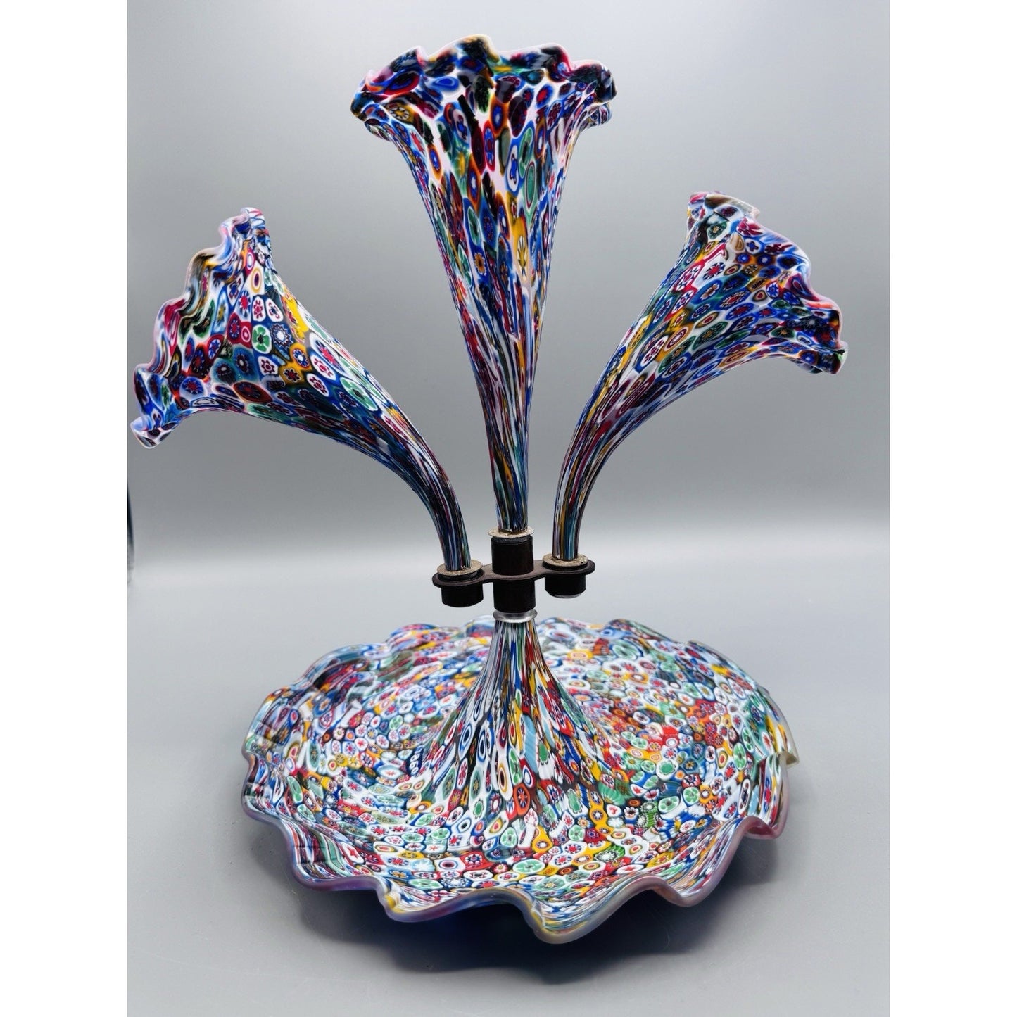 Murano Millefiori Epergne Art Glass 3 Horn Centerpiece Vase 1860 Cane 11.5”