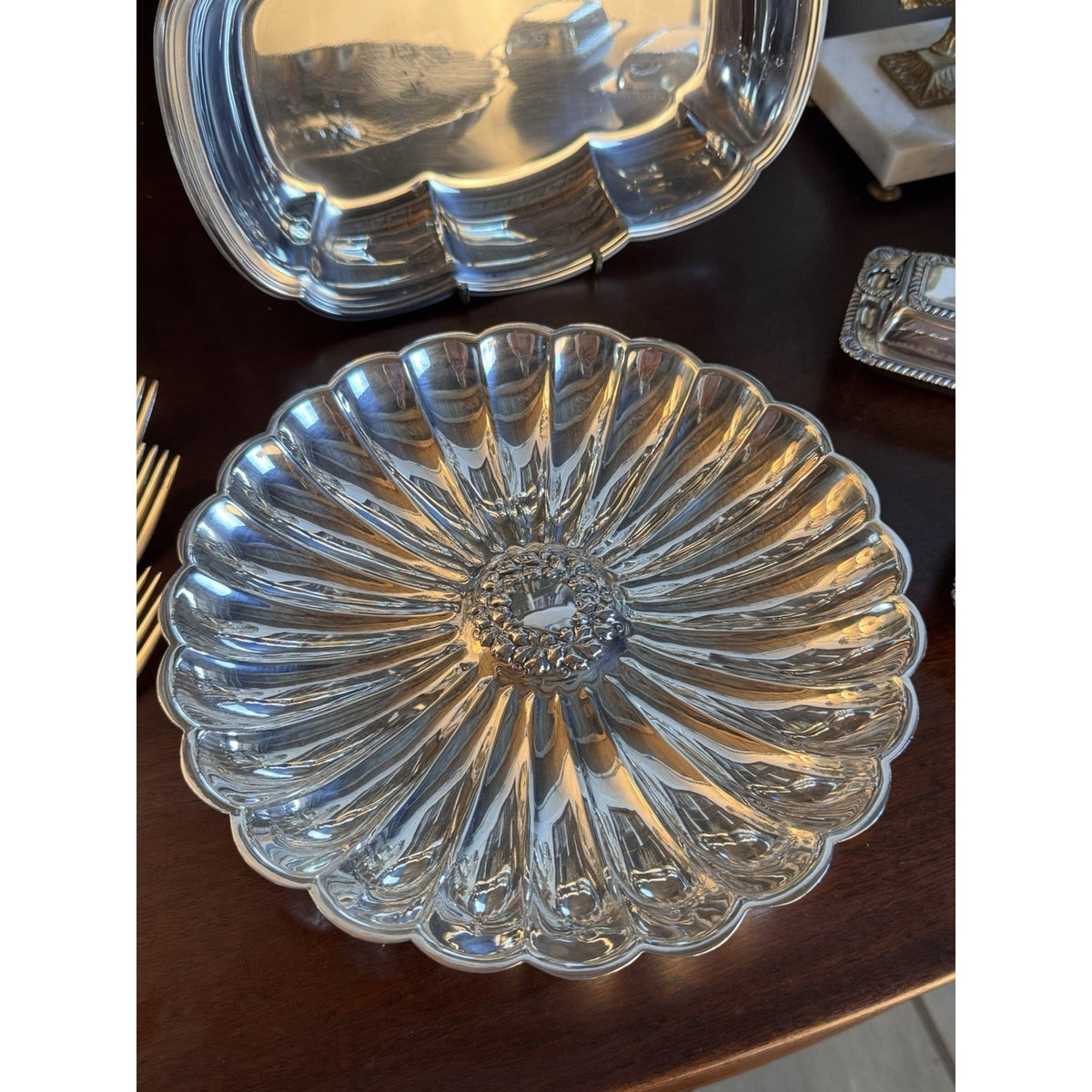 Wilcox Silverplate Serving Bowl Floral Wreath Fluted Scalloped 10.75”