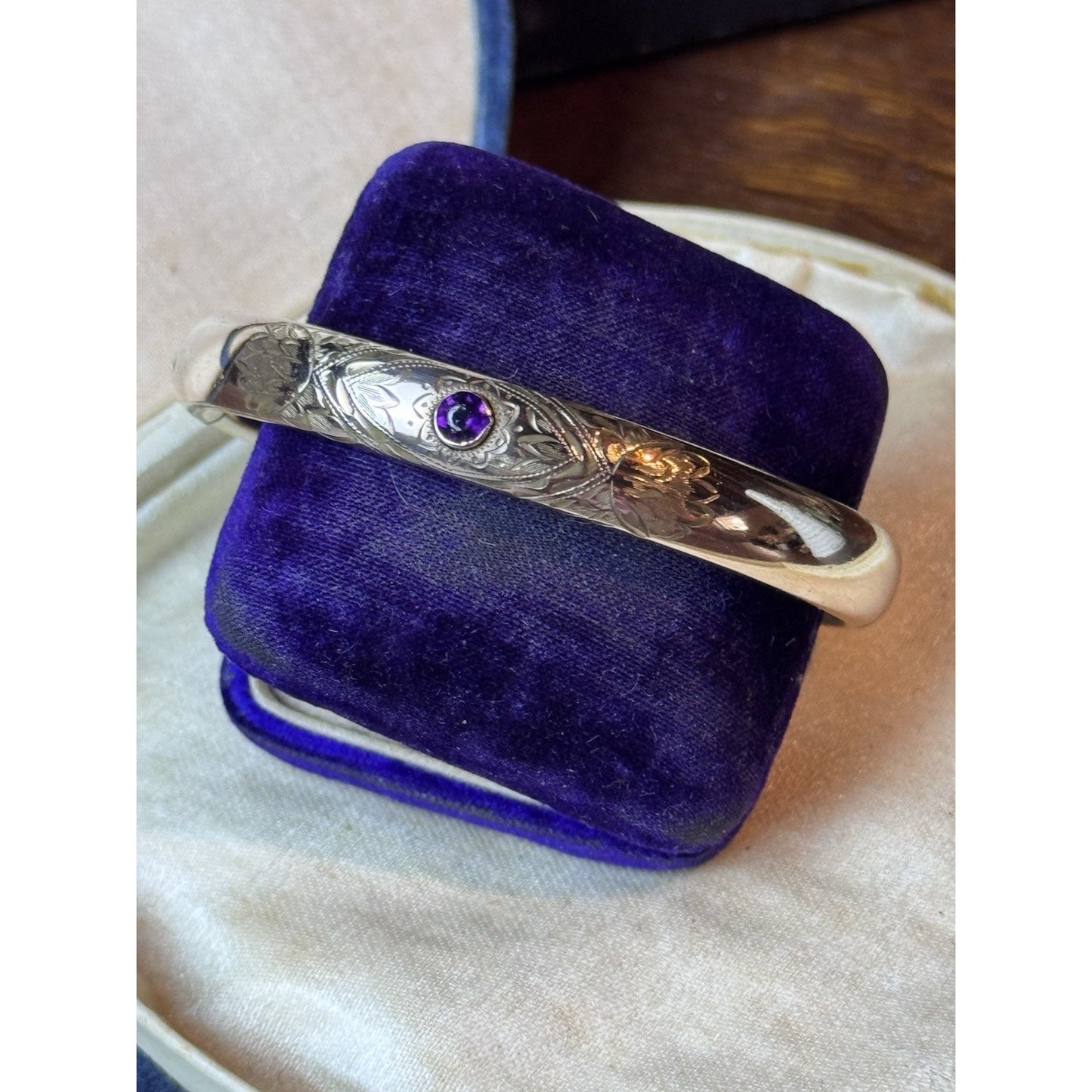 Antique EDWARDIAN Gold-Filled Bangle Bracelet Purple Stone Engraved Hinged 7.25”
