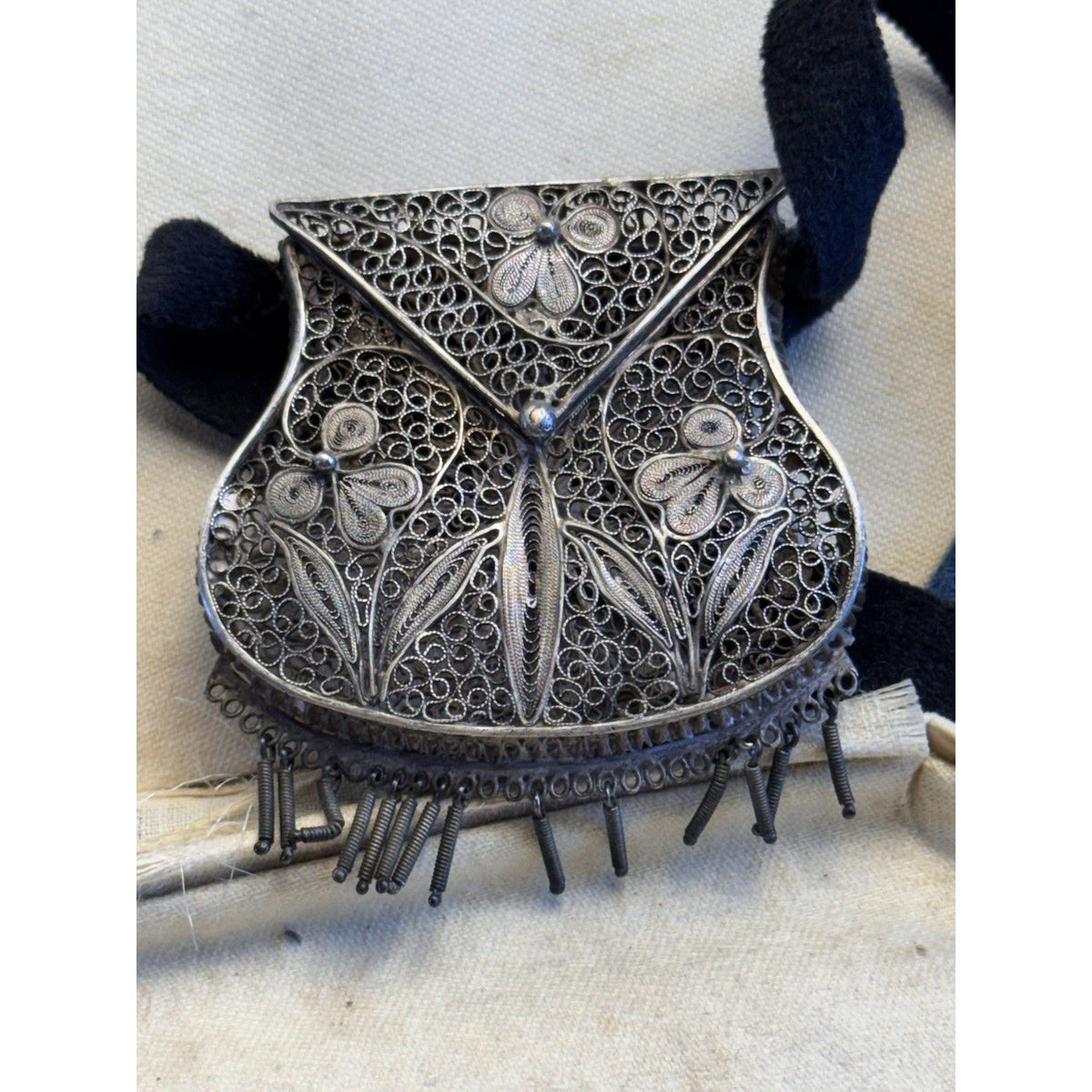 Silvertone Chatelaine Coin Purse Cannetille Filigree Floral Velvet Ribbon