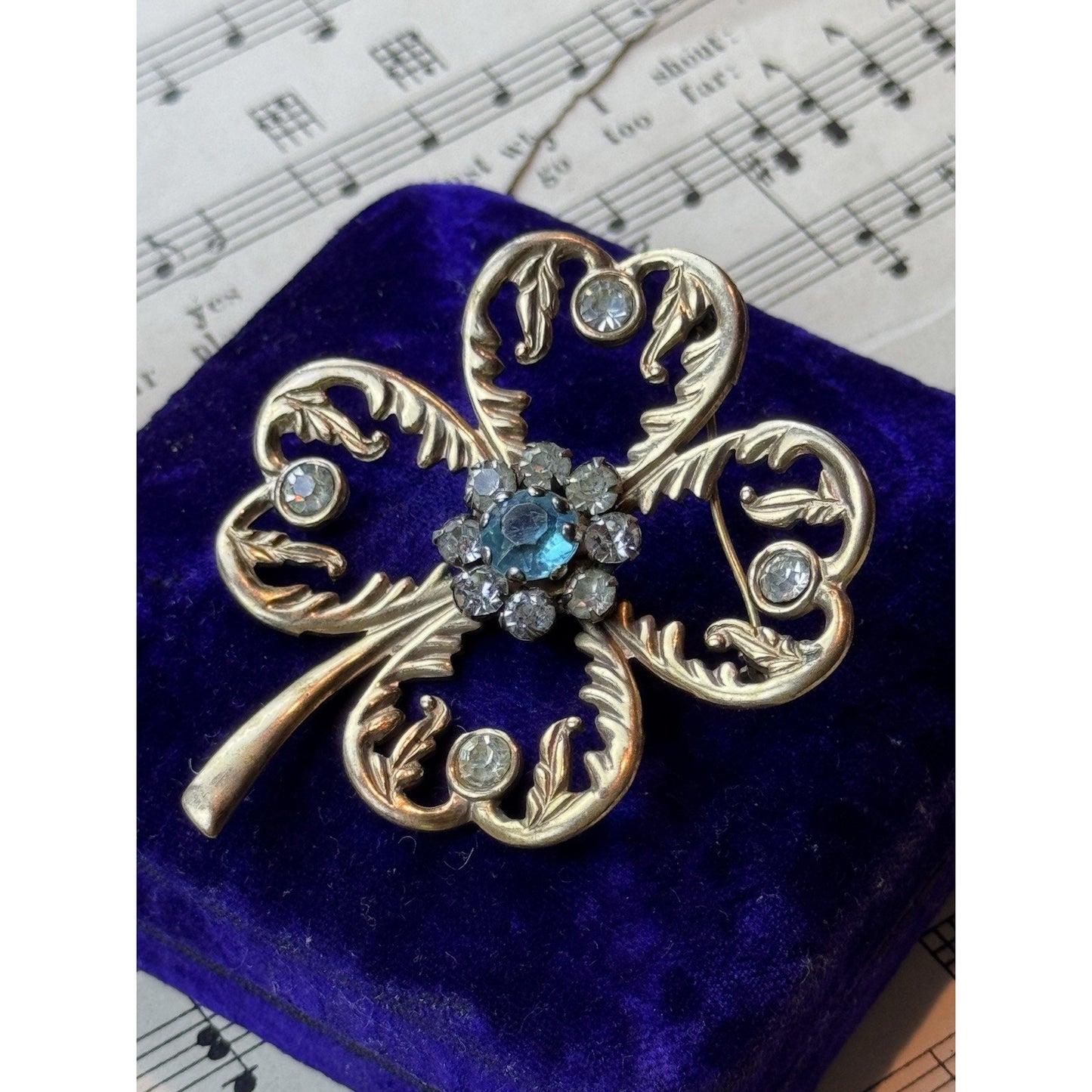Vintage Clover Brooch 2.75” Goldtone Rhinestone Four Leaf Good Luck Jewelry