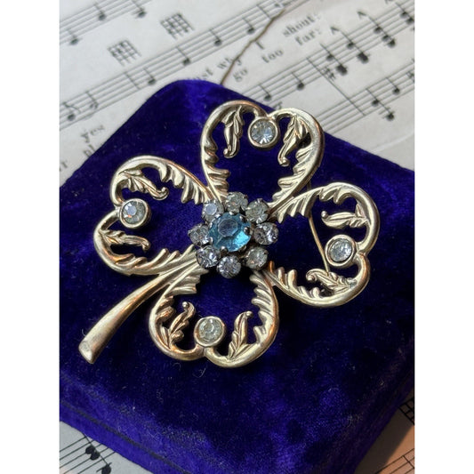 Vintage Clover Brooch 2.75” Goldtone Rhinestone Four Leaf Good Luck Jewelry