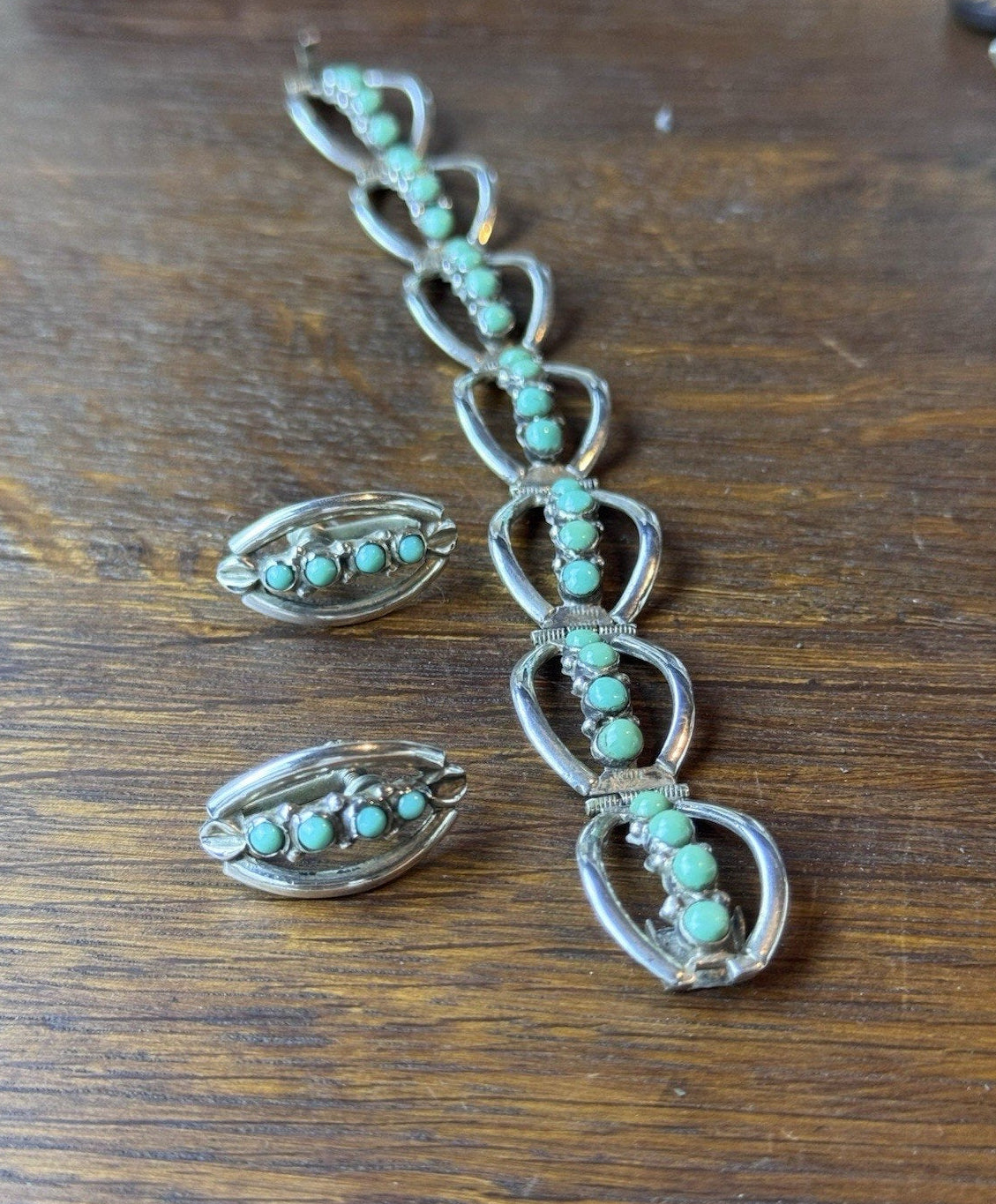 925 Bracelet Earrings Set Sterling Silver Green Cabochons Handmade ARTISAN