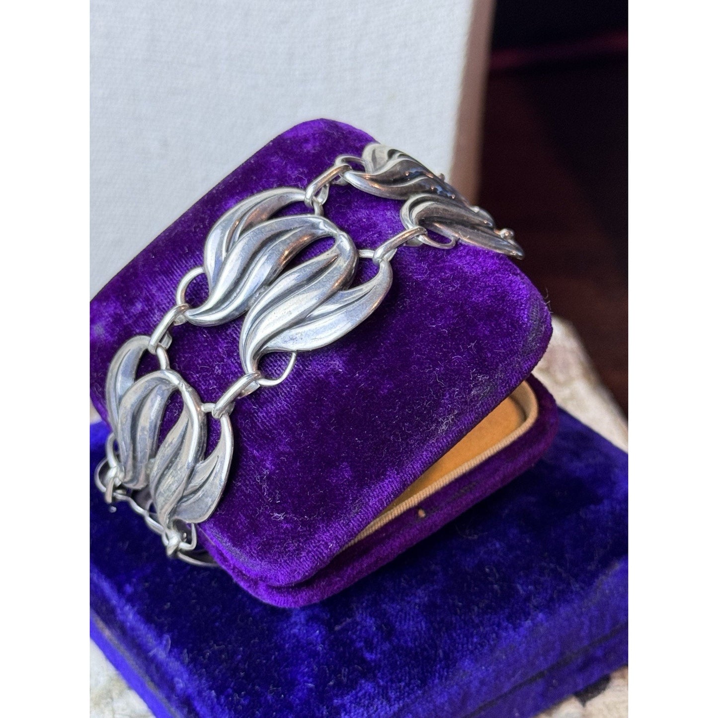 Jewelart Sterling Bracelet Silver Leaf Link 7.5” Wide Signed 925 VINTAGE