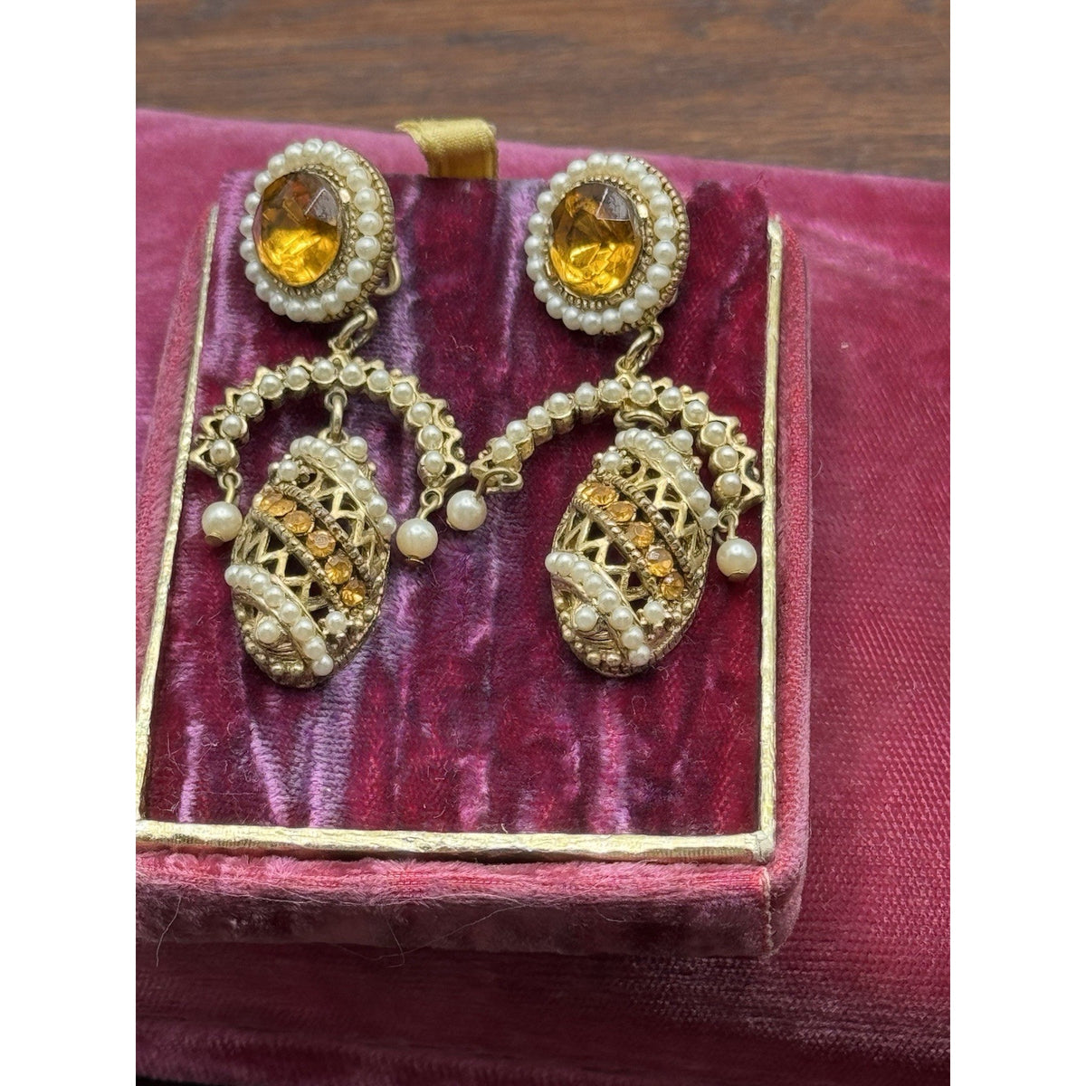 Vintage Clip-On Earrings Faux Pearl Amber Rhinestone Dangle Goldtone 2.5”