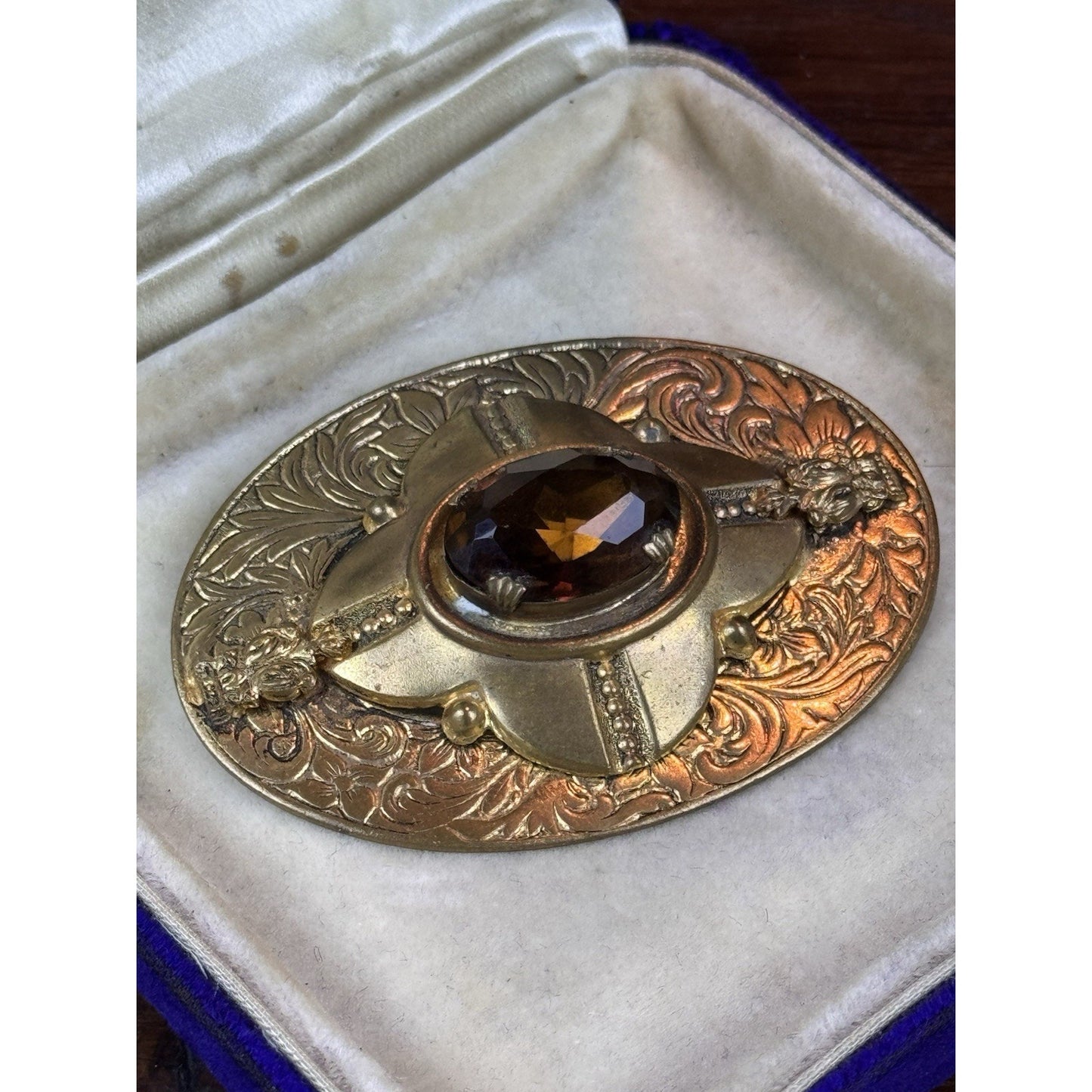 Vintage Brooch Brass Brown Glass Victorian Revival Ornate Oval 2.25”
