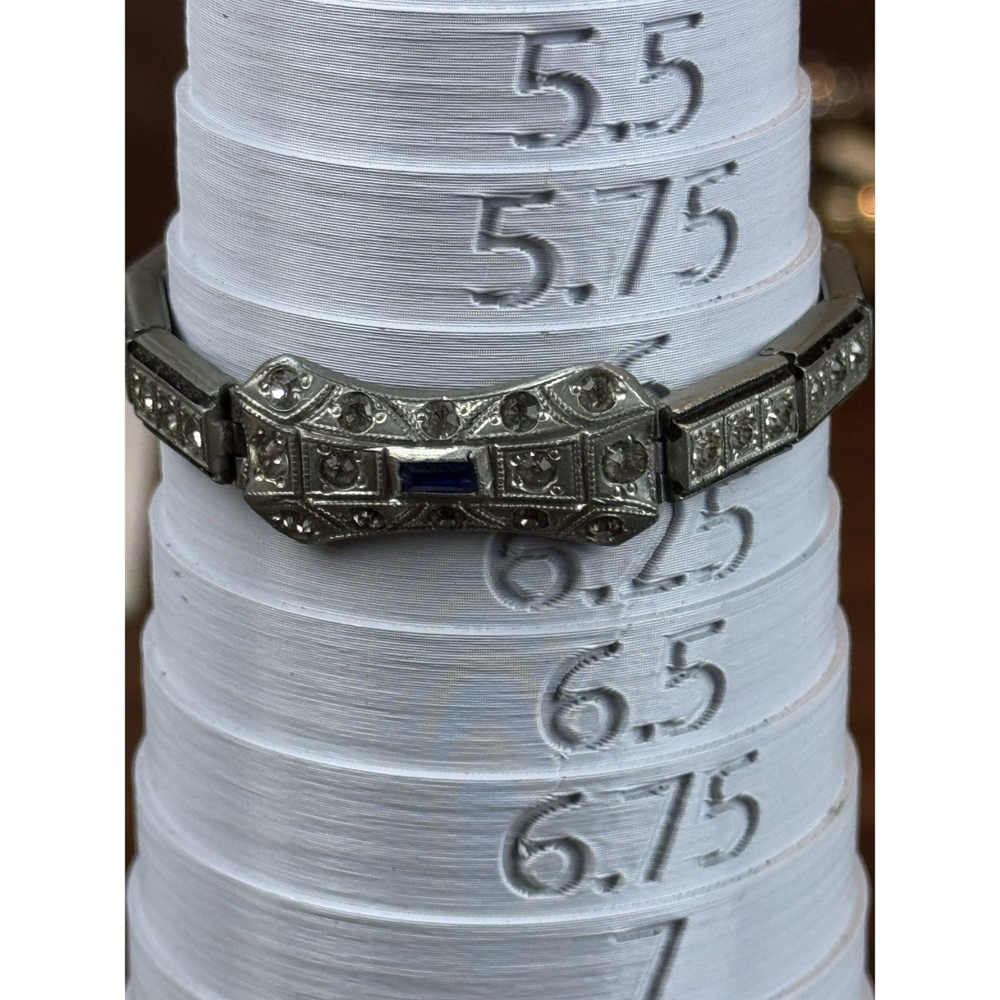 NOV-E-Line Bracelet 6” 1920s Art Deco Silvertone Rhinestone Blue Glass