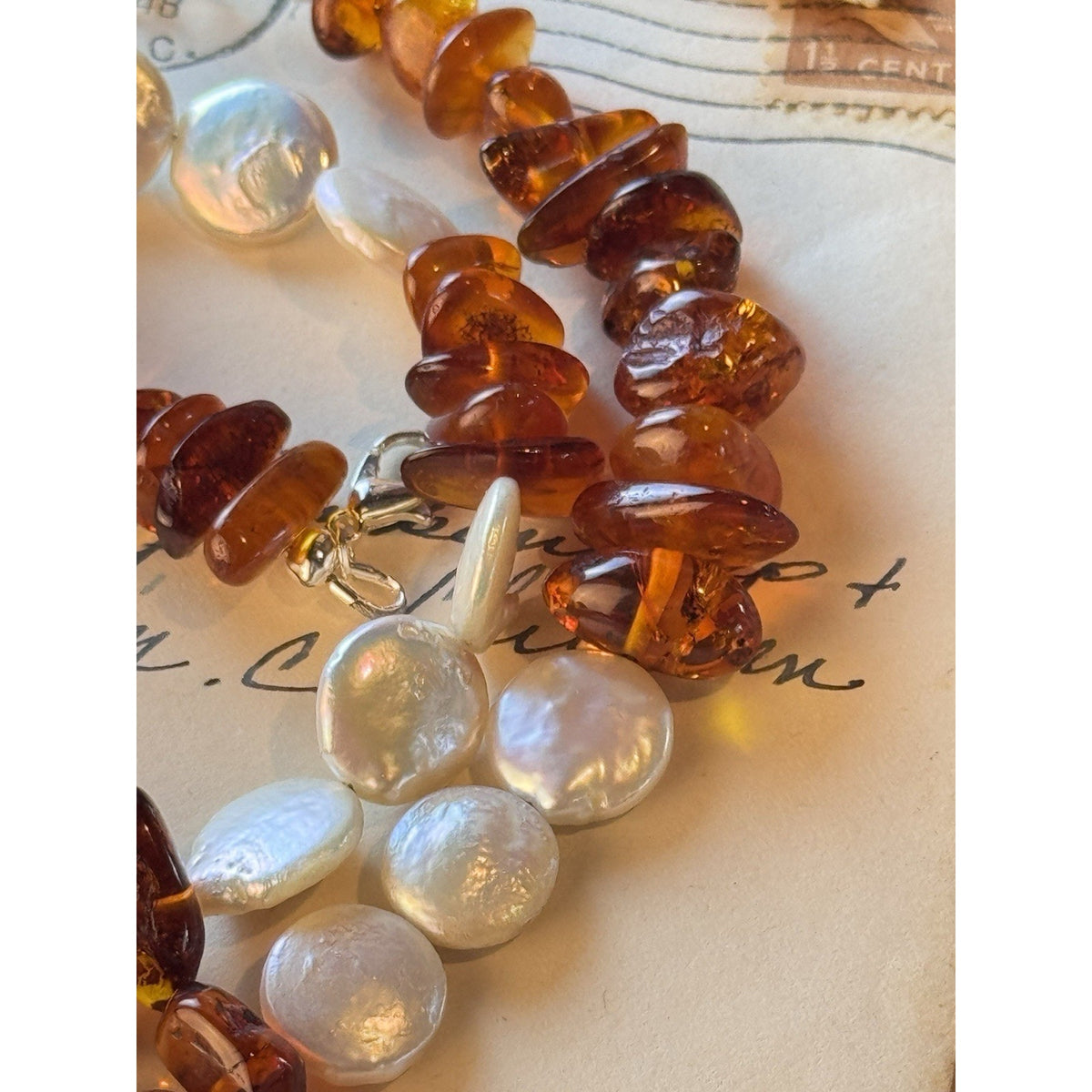 Amber Necklace Cultured Pearl Coin Nugget Beads Silvertone Lobster Clasp 22”