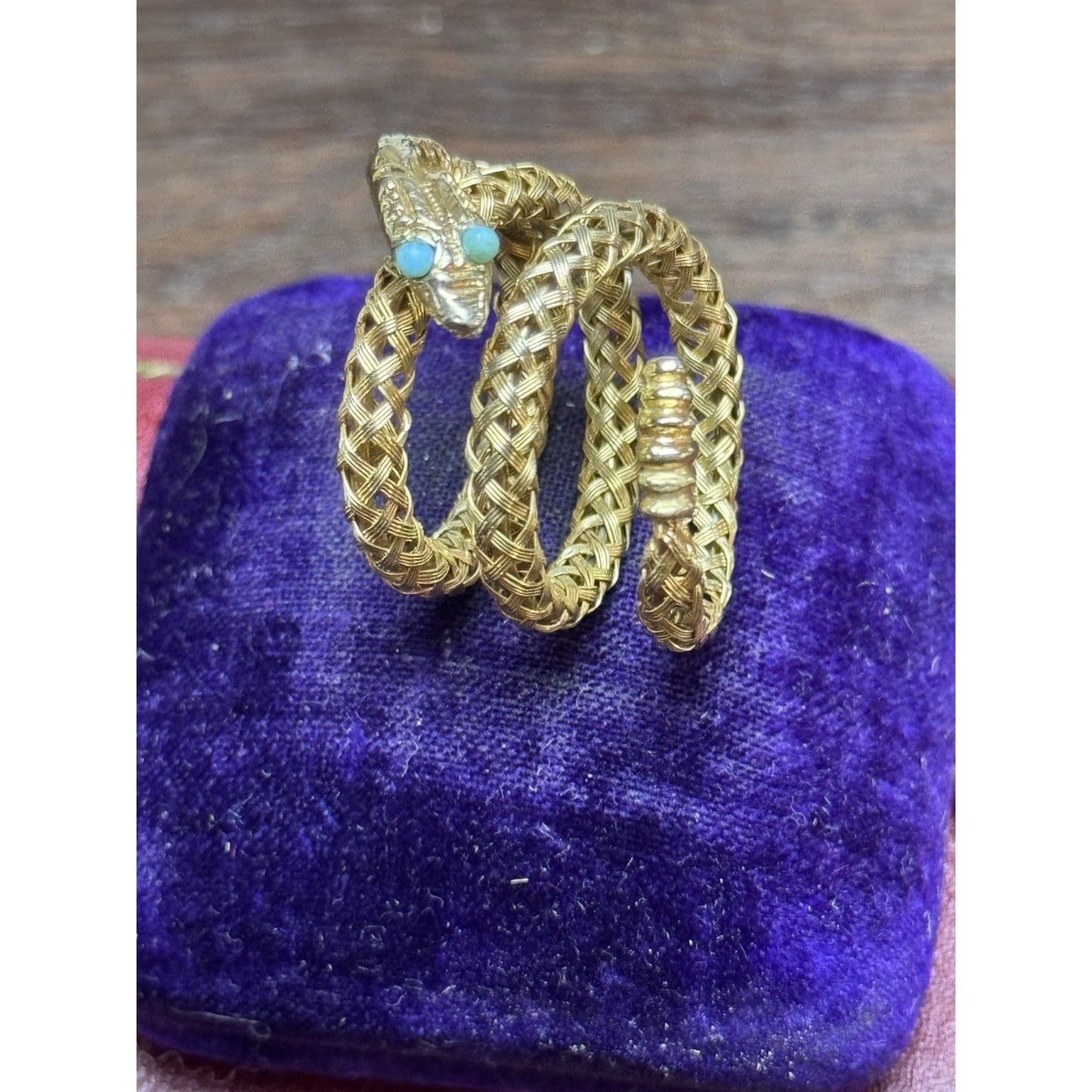 Vintage Goldtone Snake Wrap Ring Light Blue Eyes Woven Mesh Serpent Adjustable