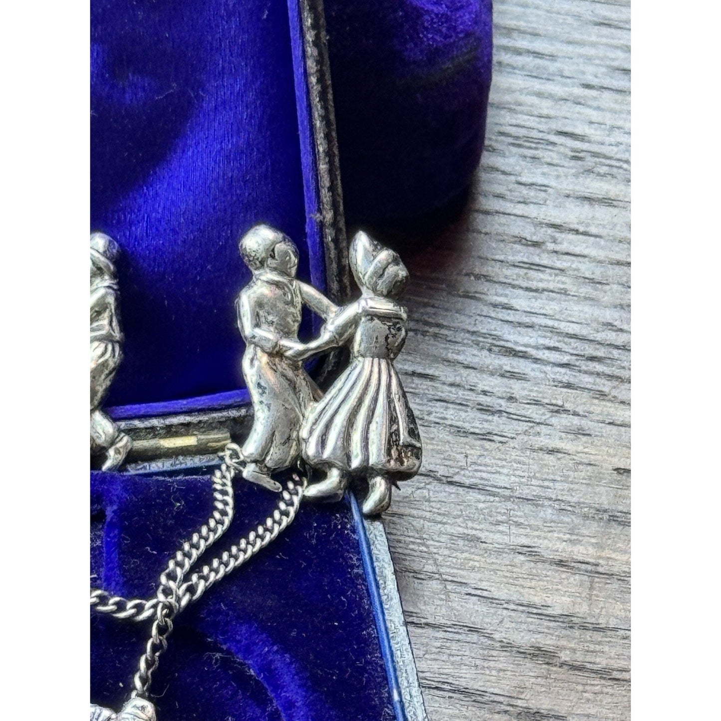 Vintage Dutch Dancers Chatelaine Brooch Silver Kissing Couple 1.38”