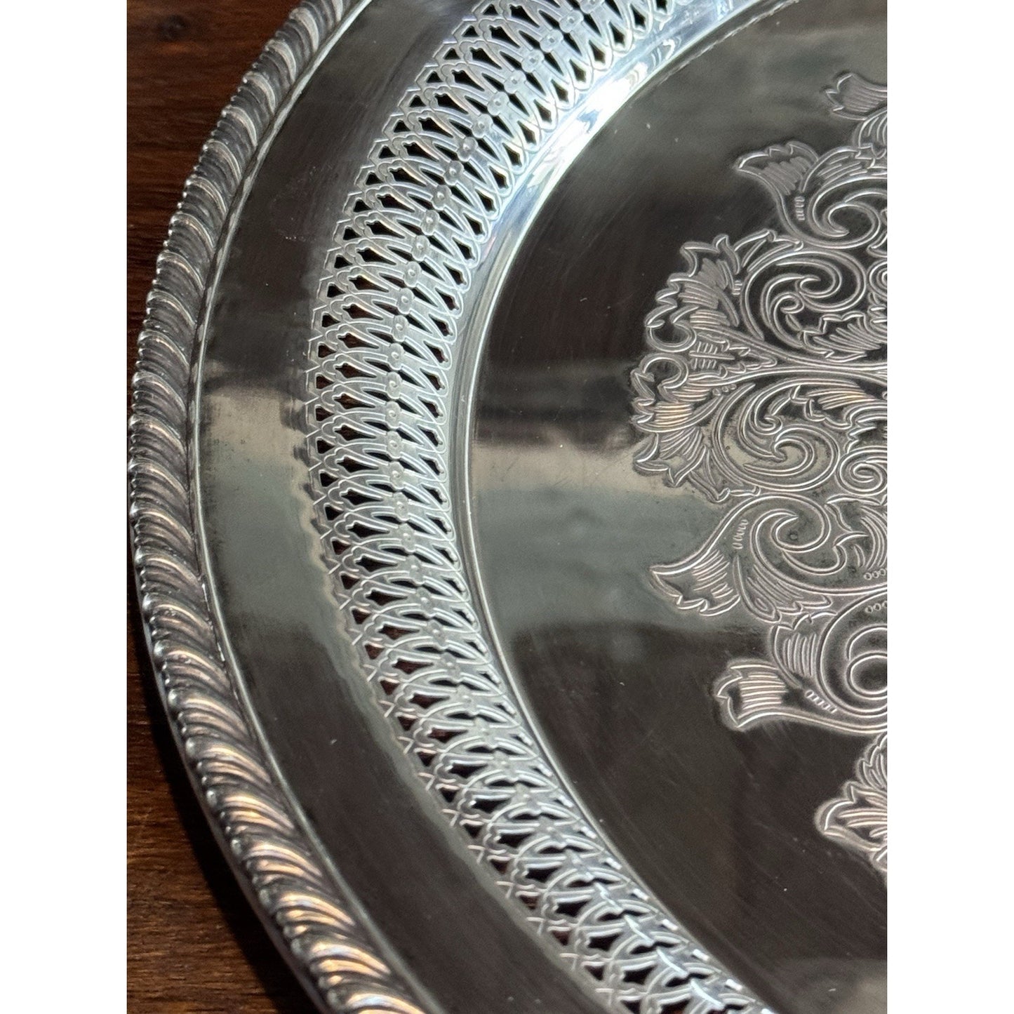 Silverplate Round Tray Reticulated 14.5” WM Rogers Engraved Serving Platter M