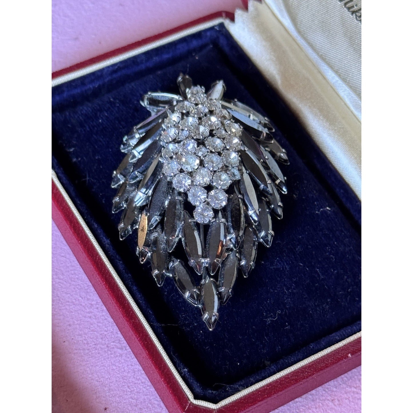 Vintage Black Rhinestone Brooch Clear Crystal Floral Spray Pin 3” Statement