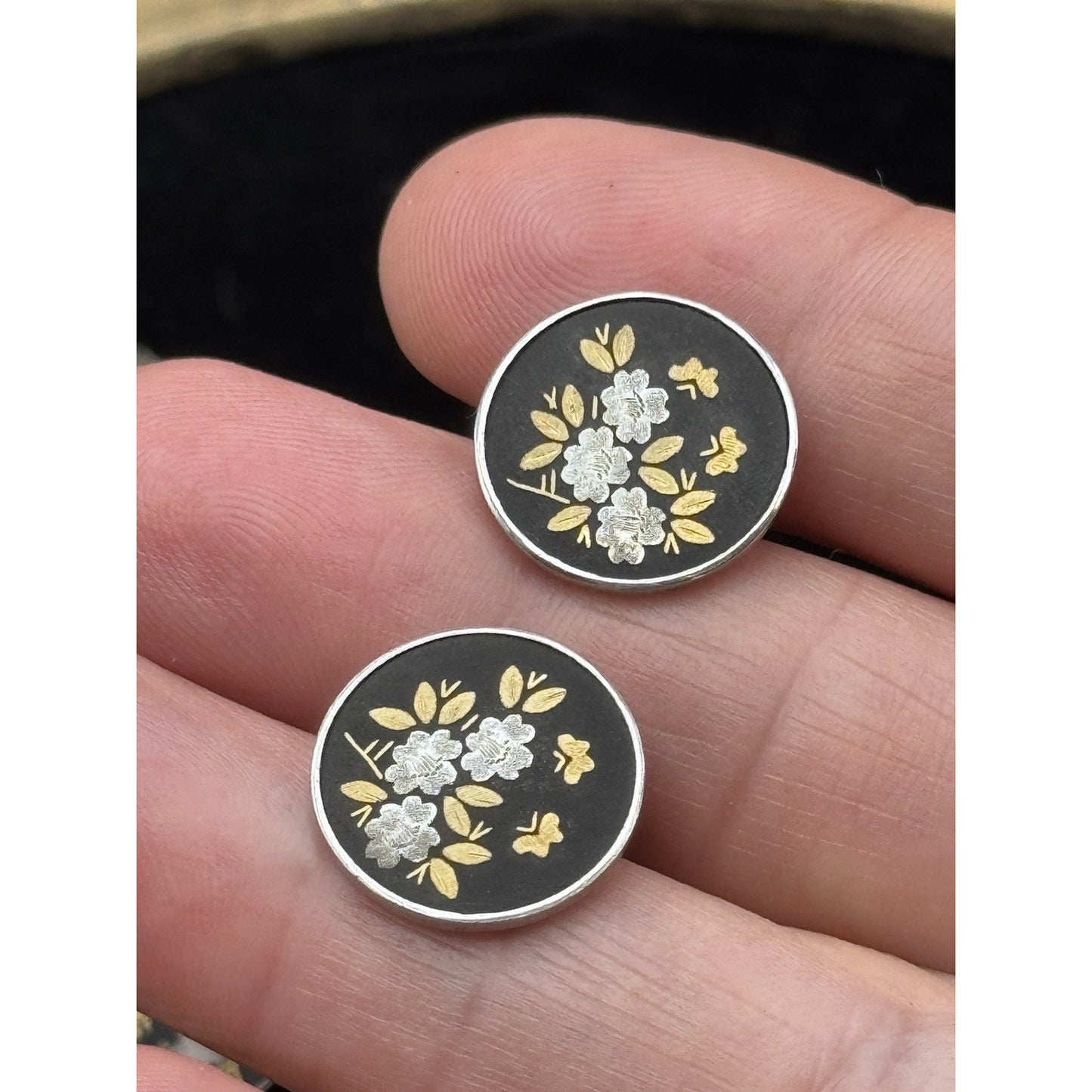 Japanese Damascene Necklace Set Silver Bracelet Earrings Floral Vintage