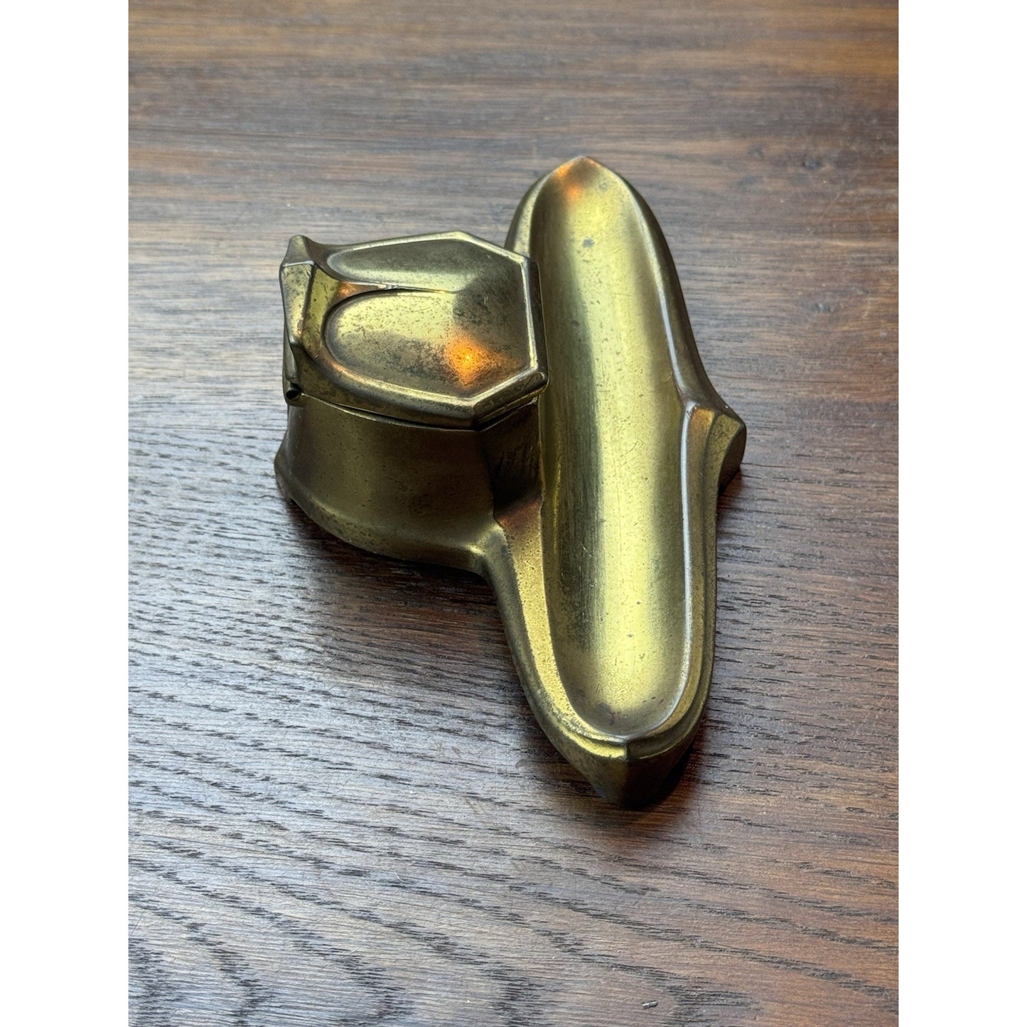 Antique Art Deco Brass Tone Ink Stand Inkwell Pen Tray 6.5” Desk Accessory