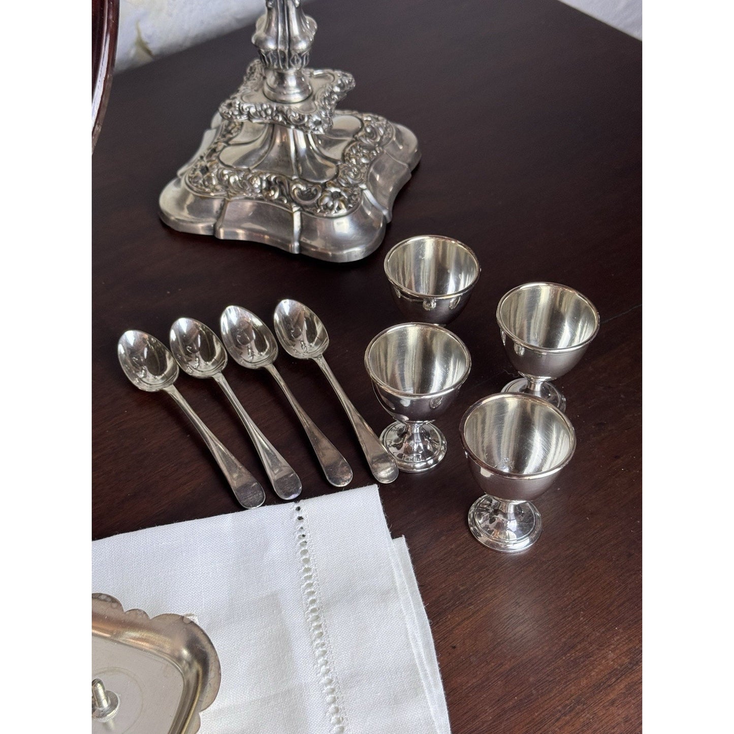 Silverplate Egg Cruet Set 4 Cups Spoons Caddy F Brothers Ltd English Antique
