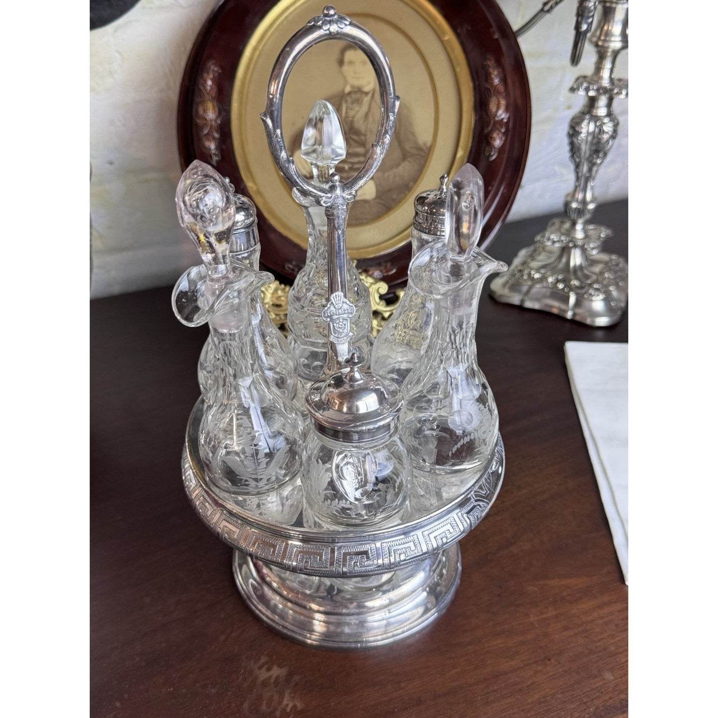 Antique Rogers Smith Silverplate Cruet Set Etched Glass 6 Bottles 13.5” Tall