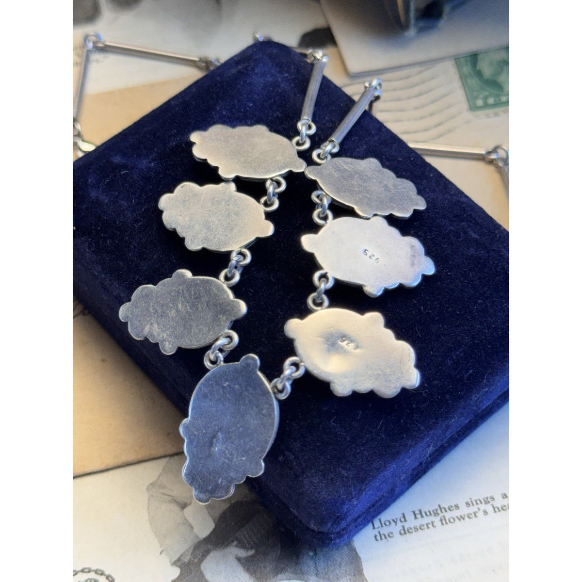 925 Silver Necklace Black Speckled Stone Cabochons Scrollwork Bar Link