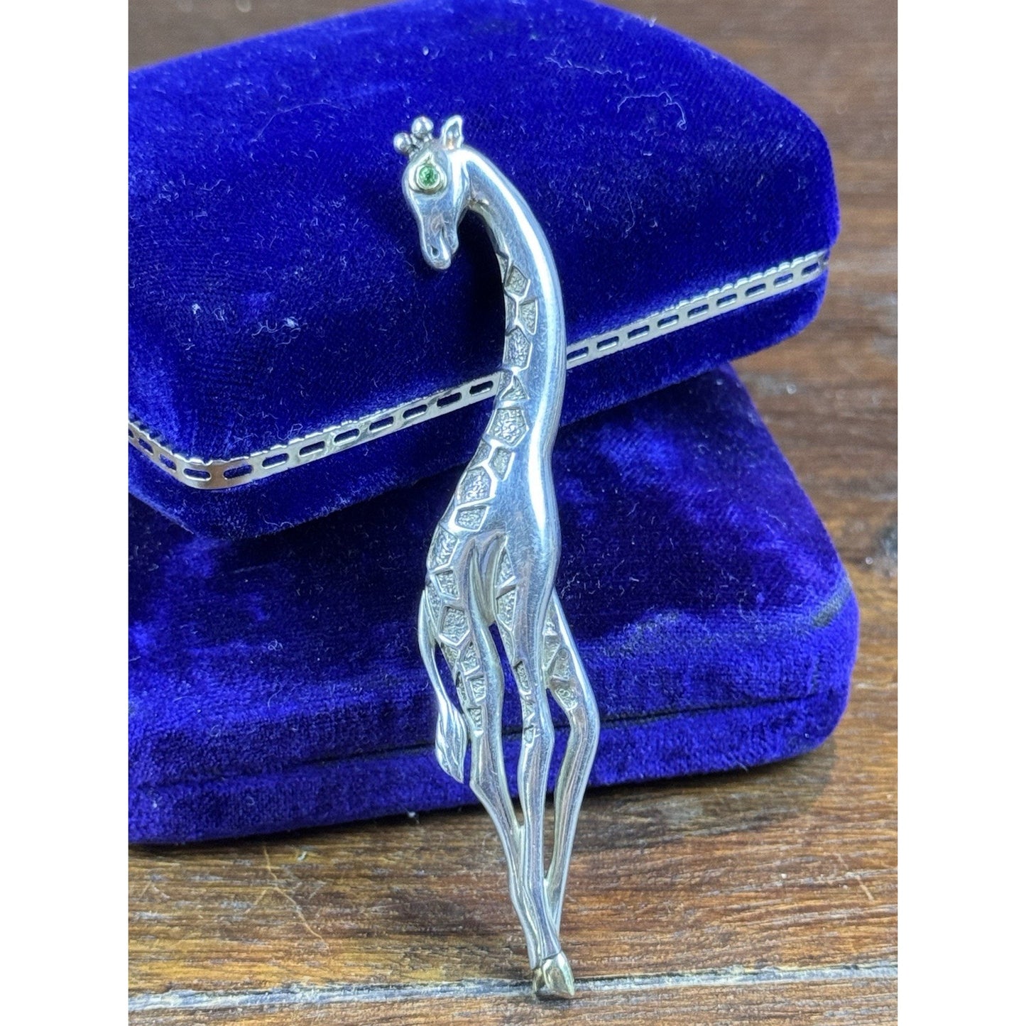 Vintage Sterling Silver 14K Gold Giraffe Brooch Green Eye Figural 3.75”
