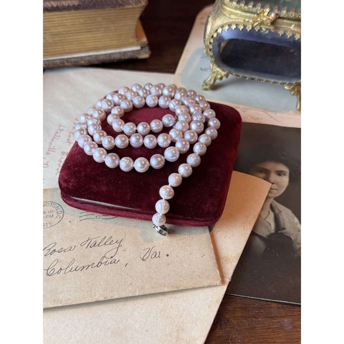 Pink Cultured Pearl Necklace 7mm Knotted Filigree Clasp 24”