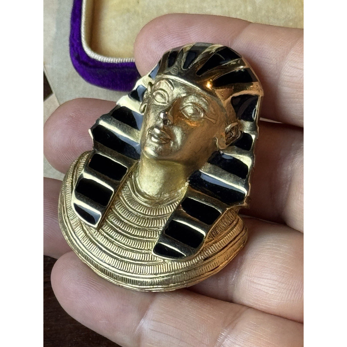 Pharaoh Tutankhamen Brooch Pendant E Pearl Egyptian Revival Black Enamel 2”