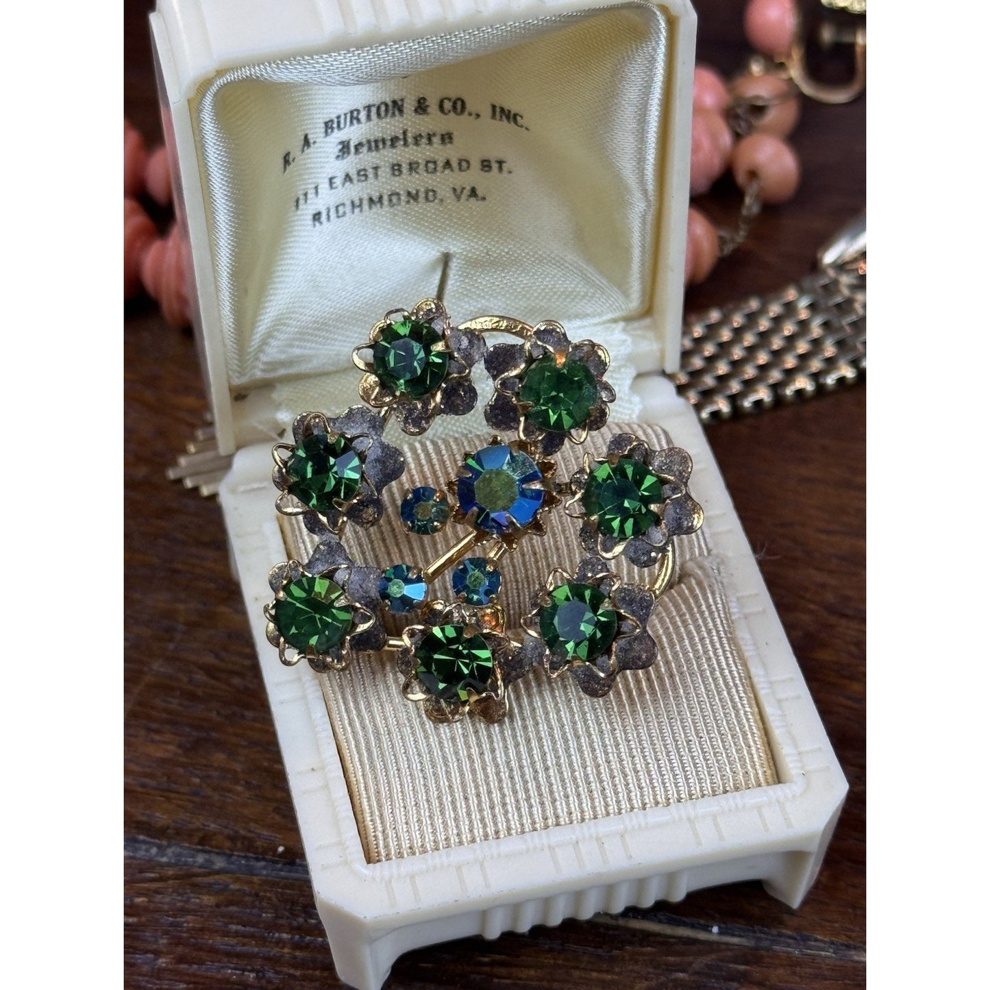 Vintage Heart Brooch Green Rhinestone Goldtone Floral Costume Jewelry 1.5”