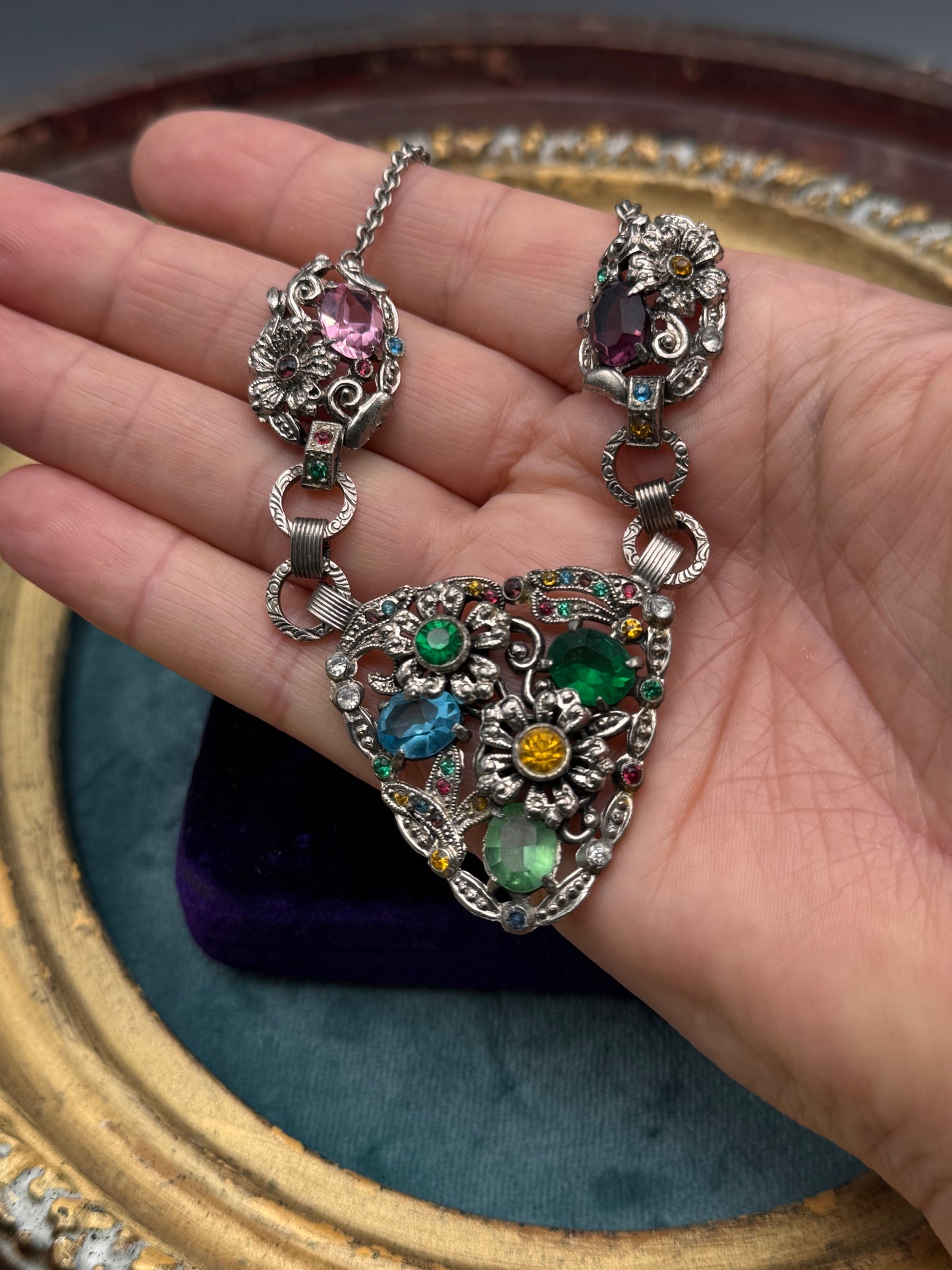 Silvertone Floral Necklace Rhinestone Statement Pendant 18” Vintage