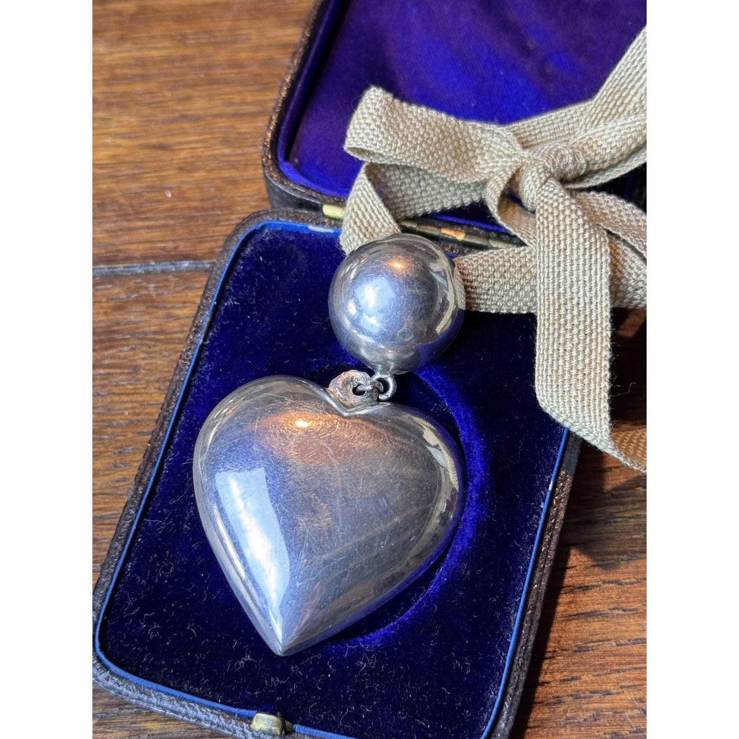 Vintage Sterling Silver 925 Puffy Heart Pendant Necklace 27” Ribbon 2.5”