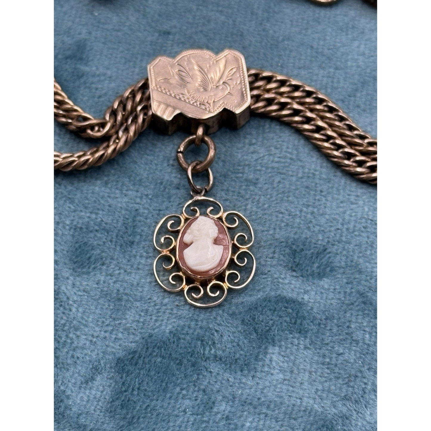 Antique Gold Filled Albert Watch Chain Cameo Fob T Bar 12” Victorian