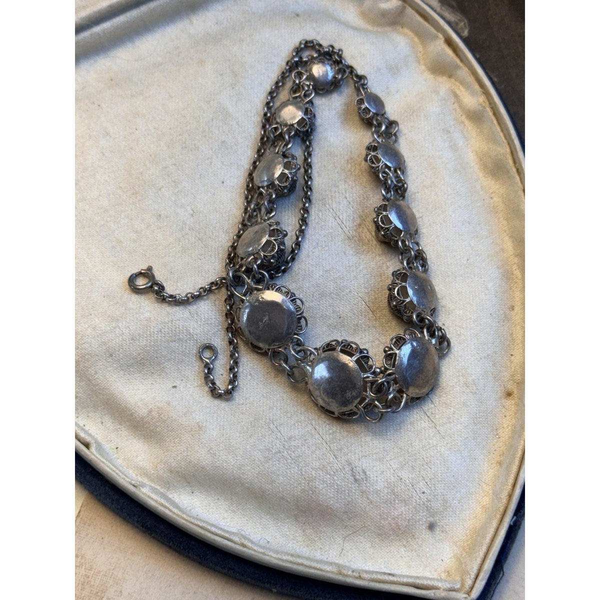 Dutch Button Necklace 835 Silver Filigree Graduated Floral Links Vintage 17.5”
