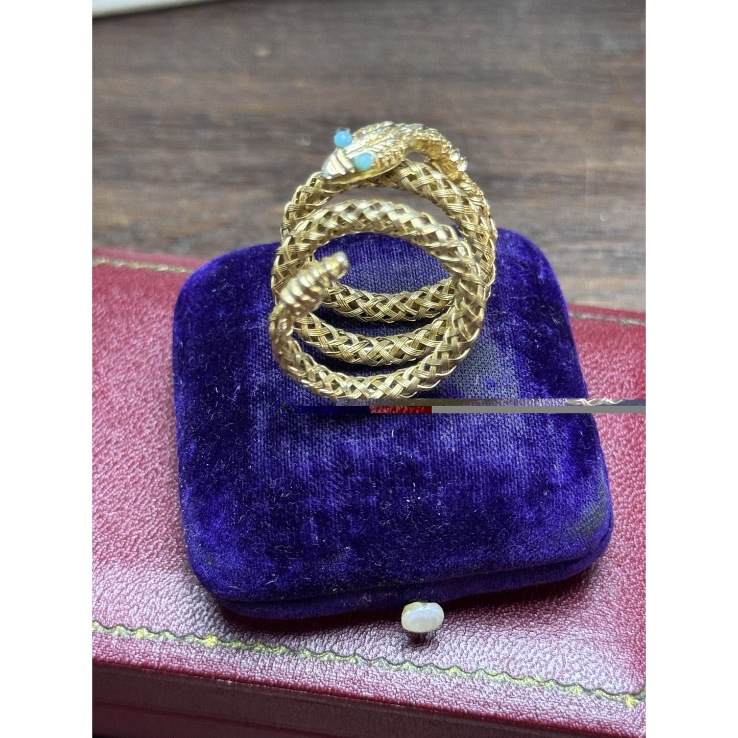 Vintage Goldtone Snake Wrap Ring Light Blue Eyes Woven Mesh Serpent Adjustable