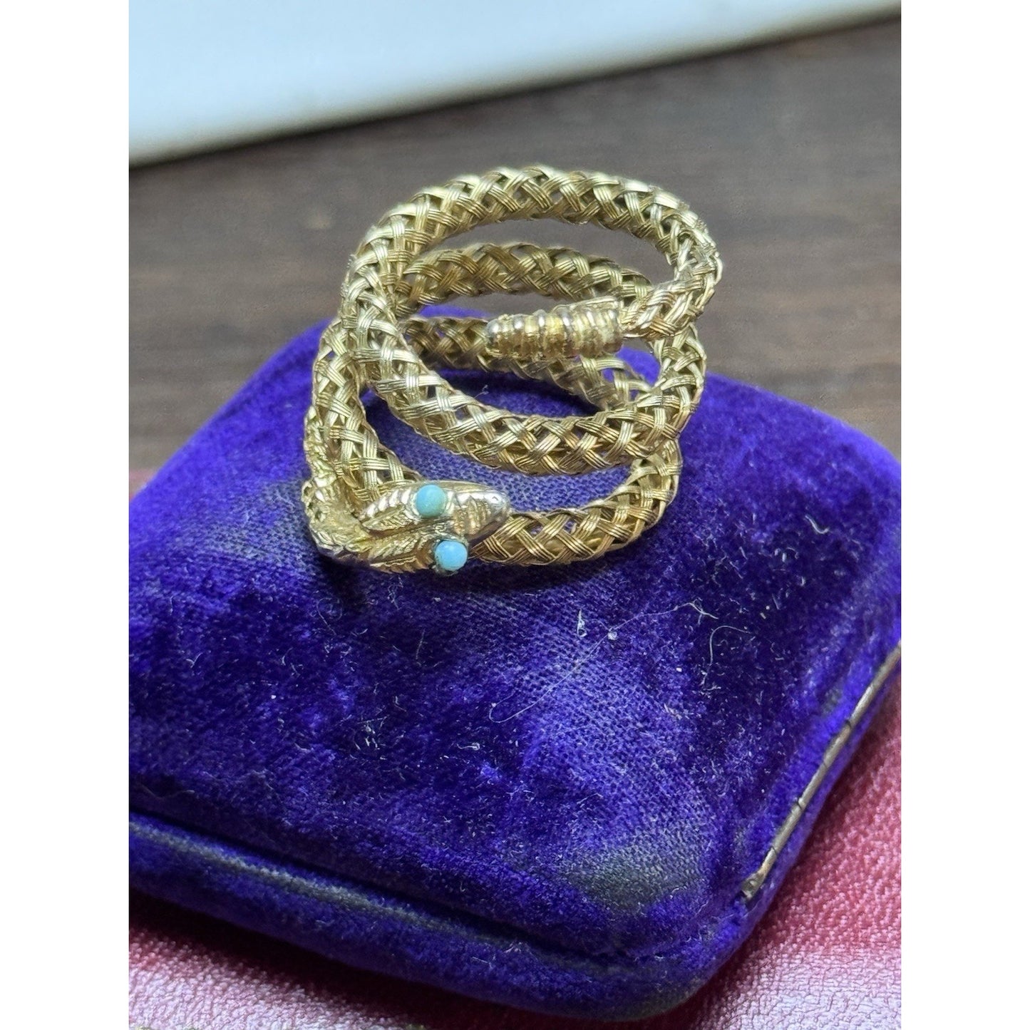 Vintage Goldtone Snake Wrap Ring Light Blue Eyes Woven Mesh Serpent Adjustable