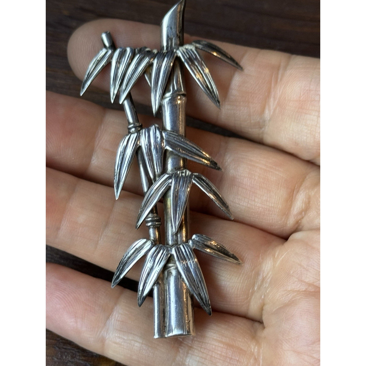 Vintage Sterling Silver Bamboo Brooch 3” Figural Nature Trombone Clasp