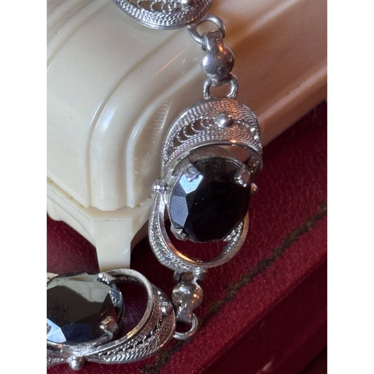VINTAGE Bracelet Sterling Silver “Hematite” Filigree Link Vintage 7.75”