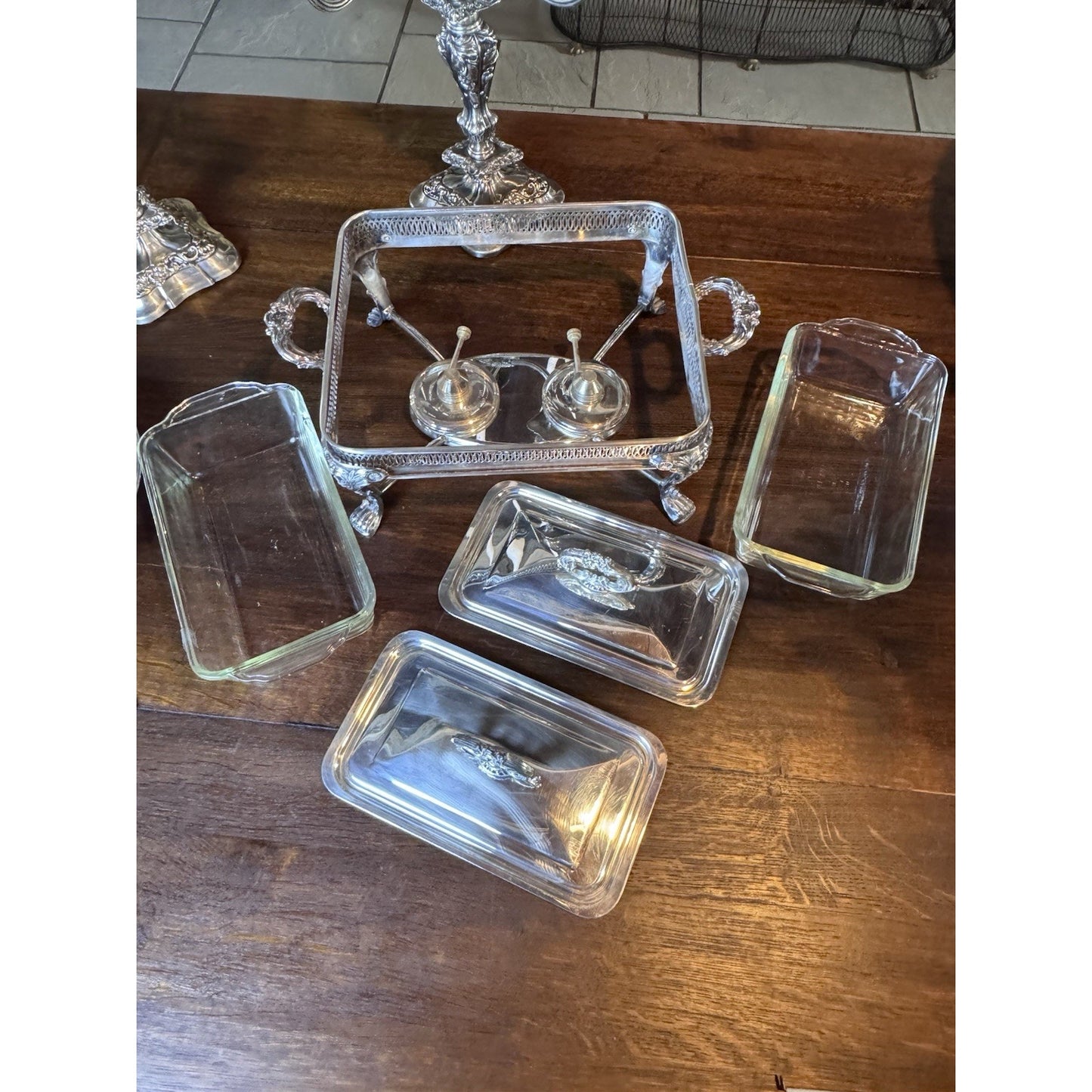 Silverplate Double Chafing Dish Warmer with Two Fire-King 1 Qt Covered Dishes