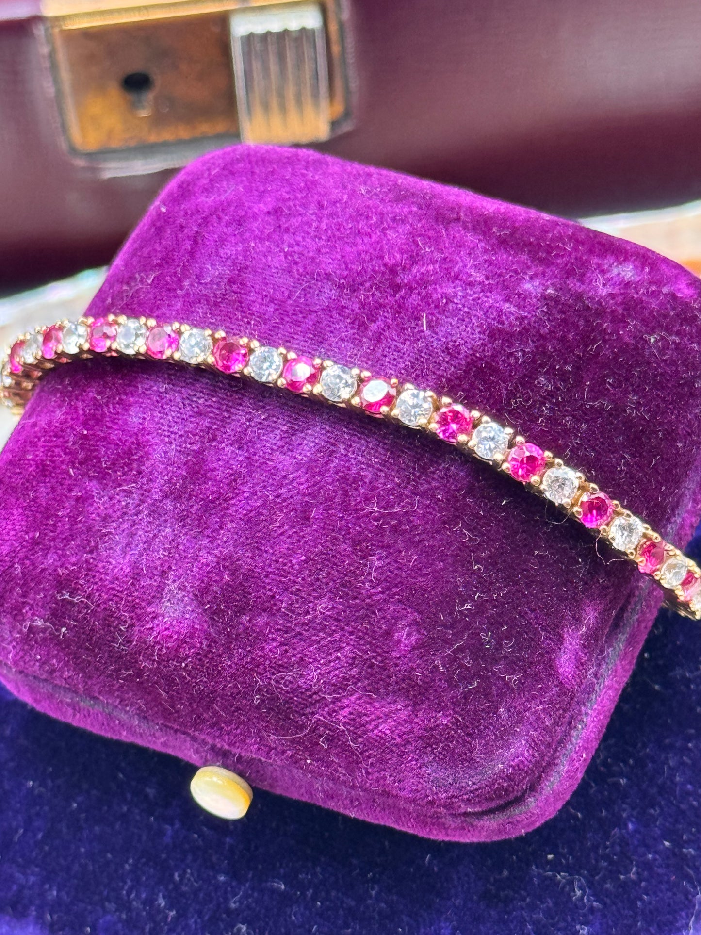 Vintage Tennis Bracelet Pink Clear Stones 925 Gold Vermeil 6.75”