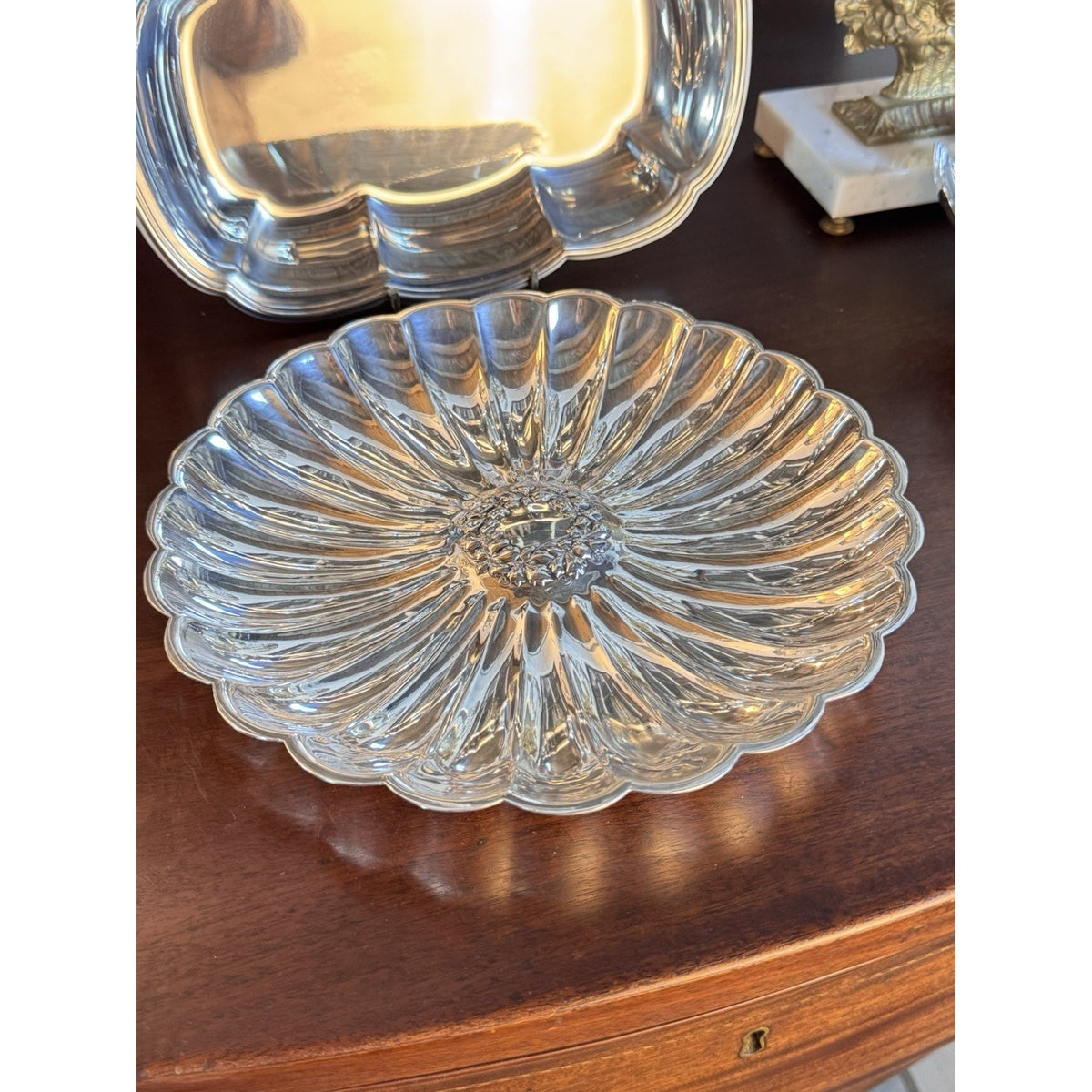 Wilcox Silverplate Serving Bowl Floral Wreath Fluted Scalloped 10.75”
