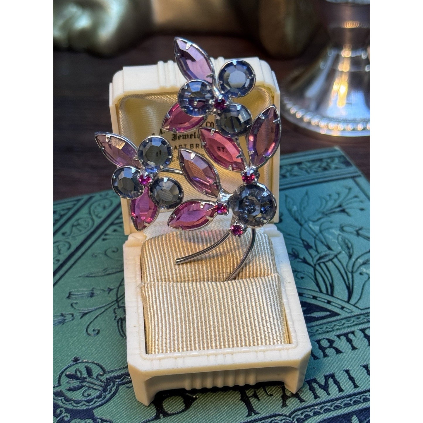 Vintage Blue Pink Rhinestone Flower Brooch Duo Set Silver Tone Floral Pins
