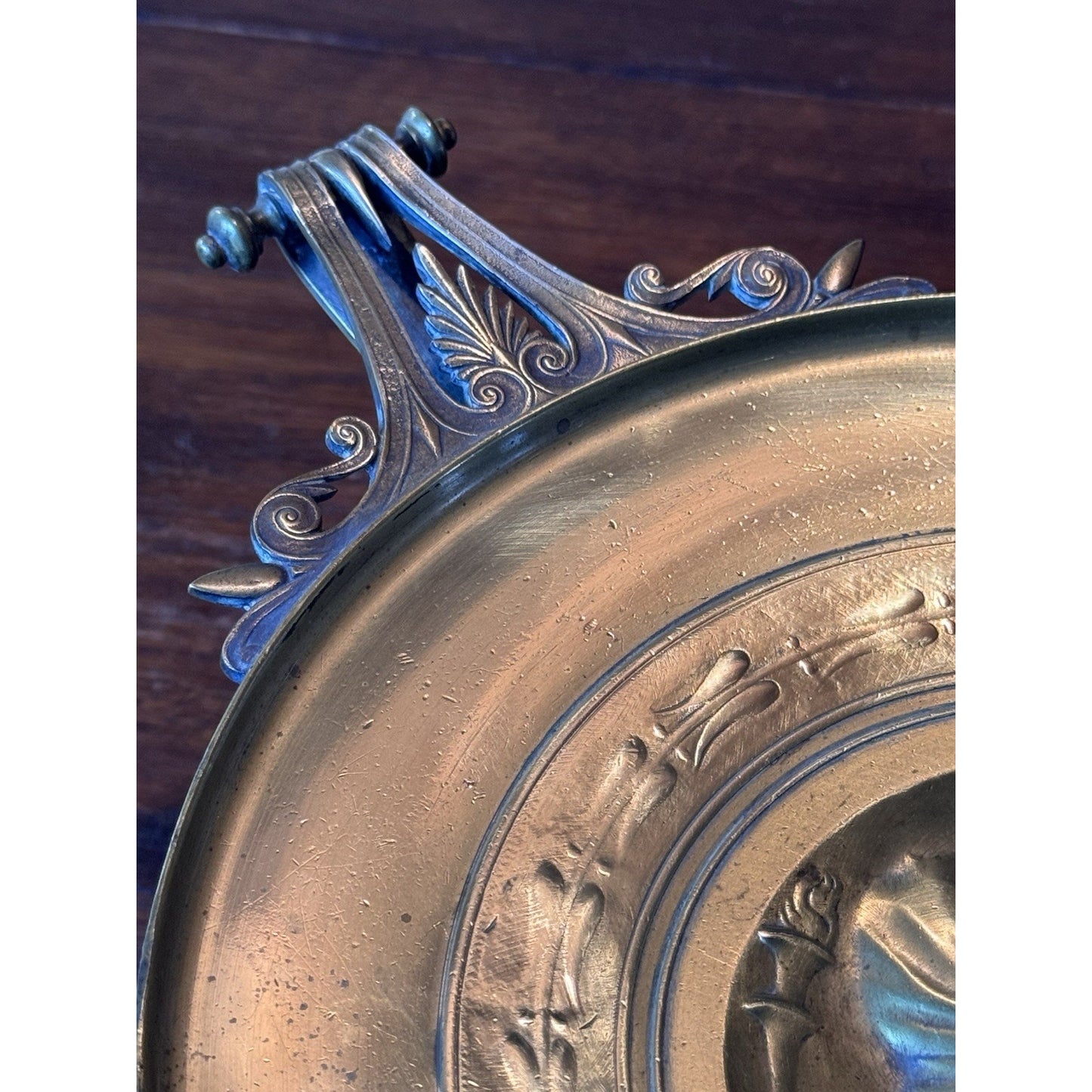 Antique Brass Tazza Compote Classical Medallion Pedestal Dish 14” Handles