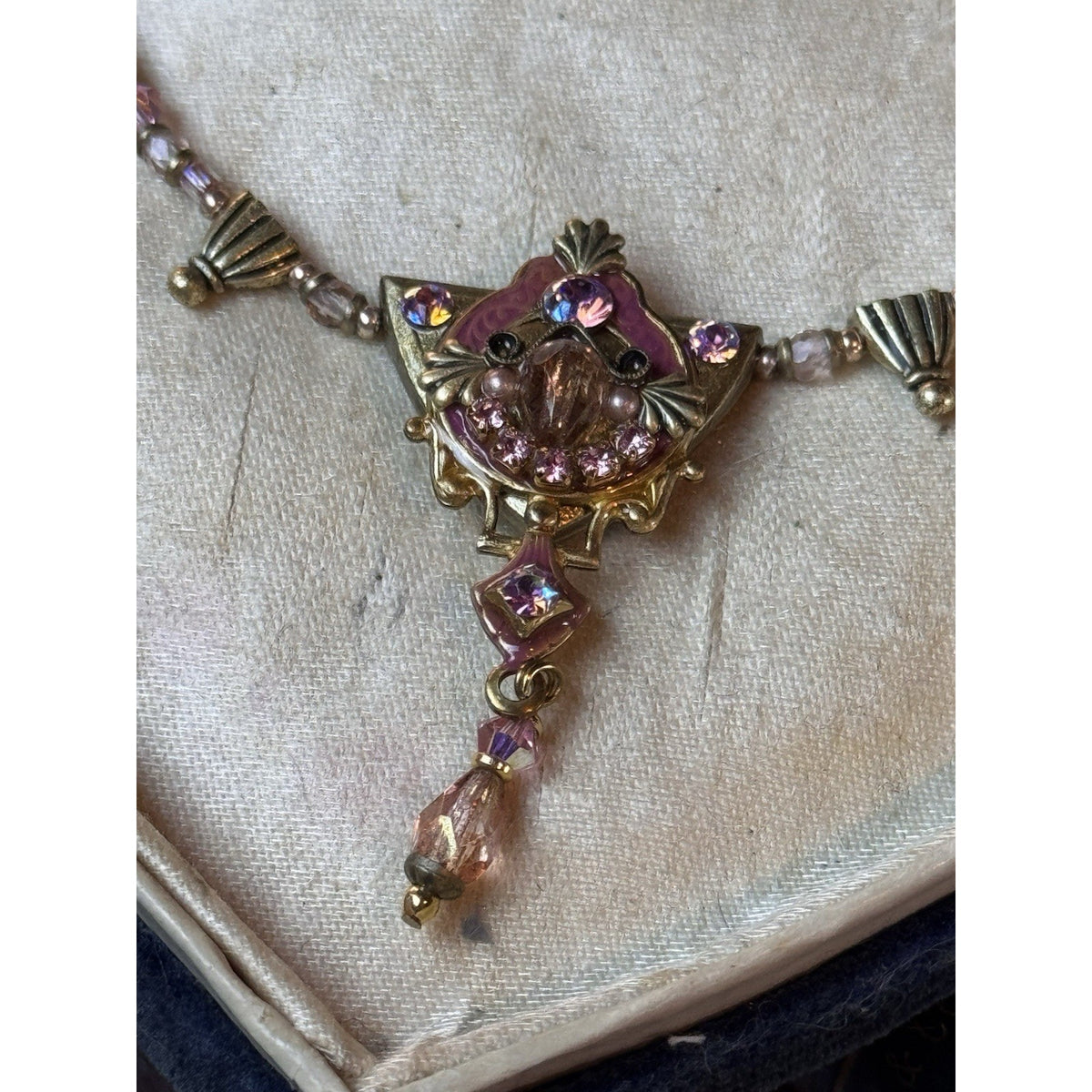 Michal Golan Necklace Earring Set Pink Rhinestone Beaded Goldtone Vintage 19”