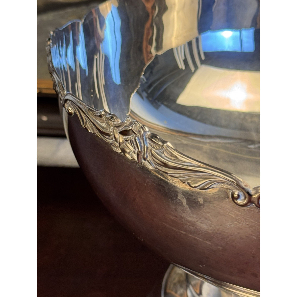 Silverplate Punch Bowl Footed Rose Edge Floral Design Elegant CENTERPIECE 12”