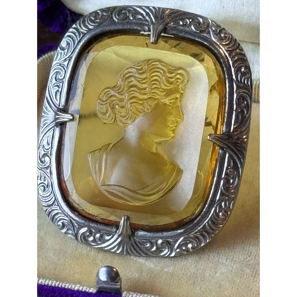 Vintage Cameo Portrait Brooch Pin Silvertone Frame Yellow Cushion Beauty Theme