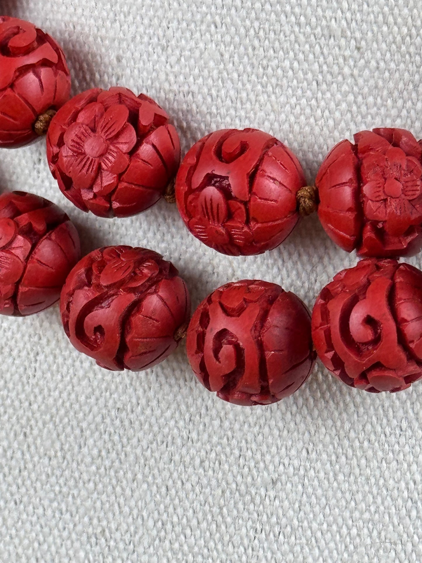 Vintage Cinnabar Necklace Carved Knotted Beads Chinese Style Long 30”