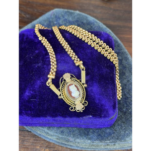 Antique Gold Filled Cameo Necklace Victorian Edwardian Ornate Filigree 18.5”
