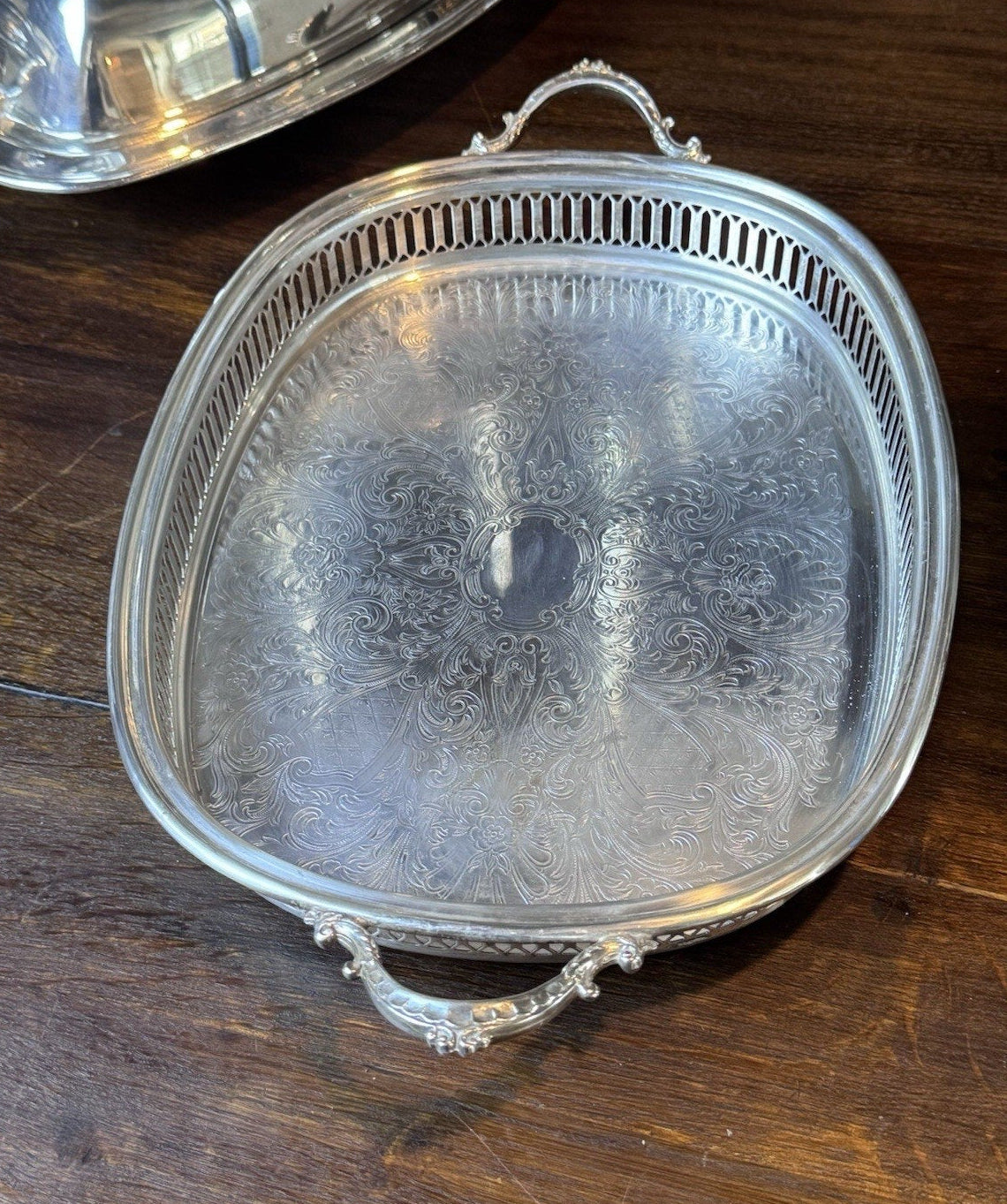 Silverplate Gallery Tray Footed Handled Wallace Ornate Serving Vanity 14”